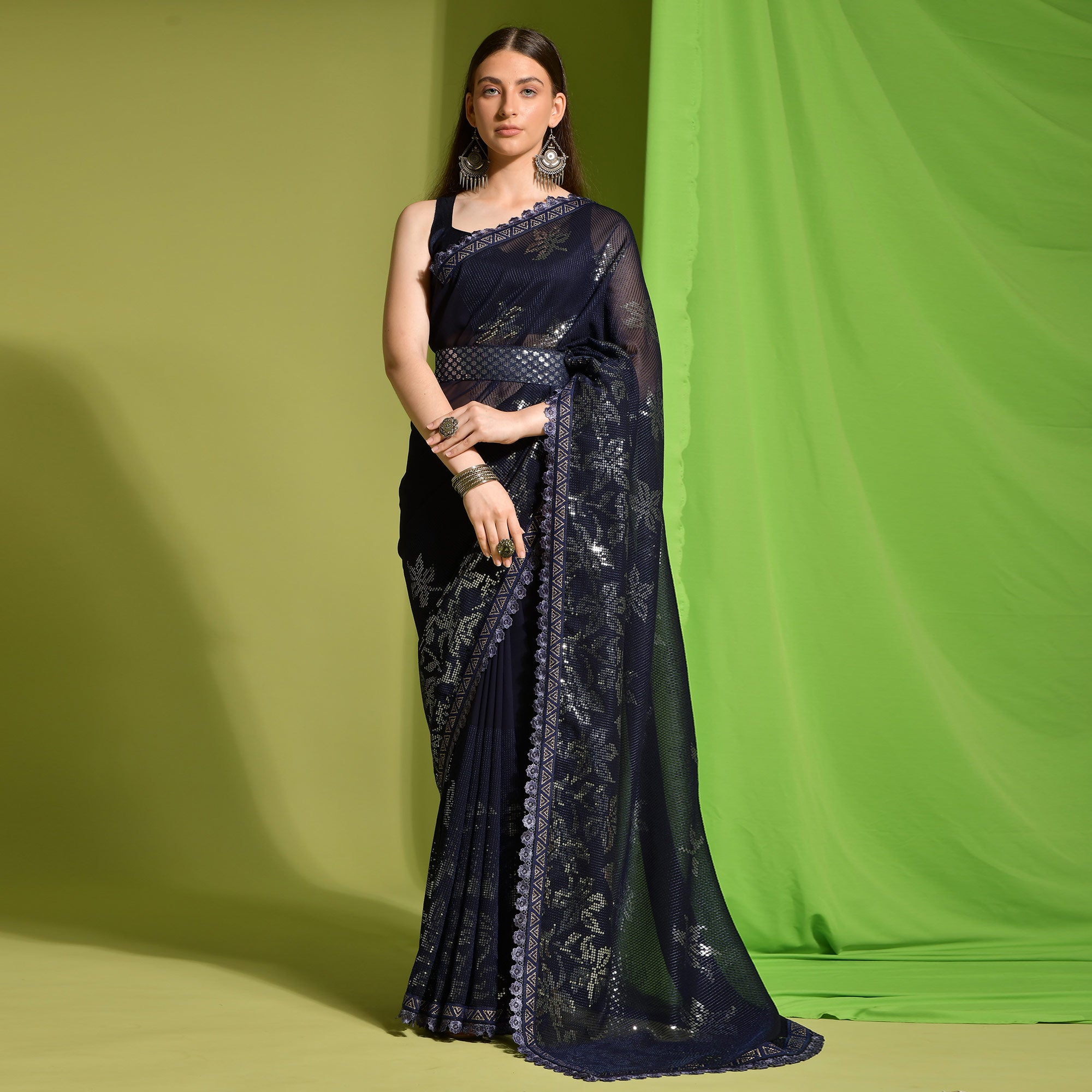 Navy Blue Sequins Embroidered Georgette Saree