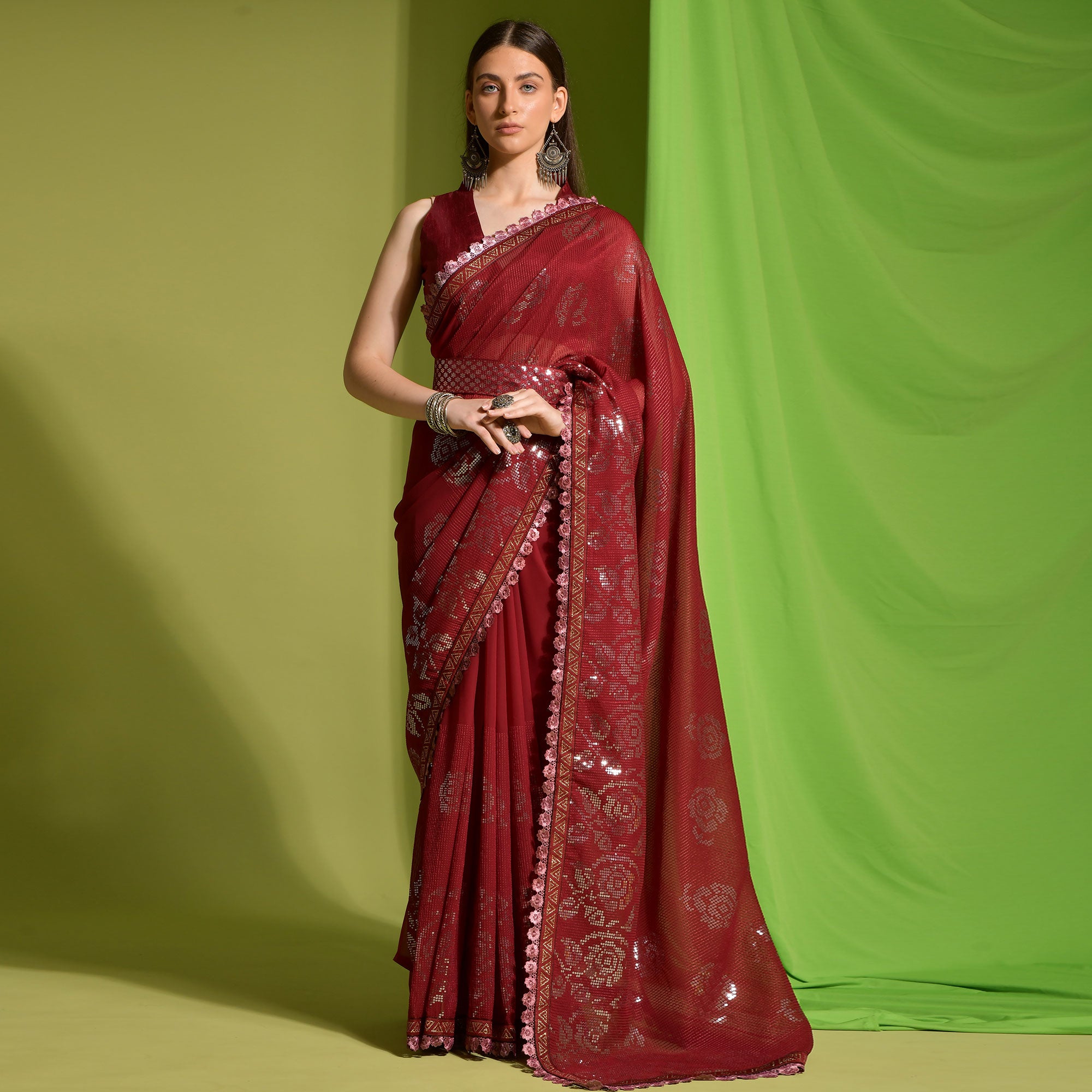 Red Sequins Embroidered Georgette Saree