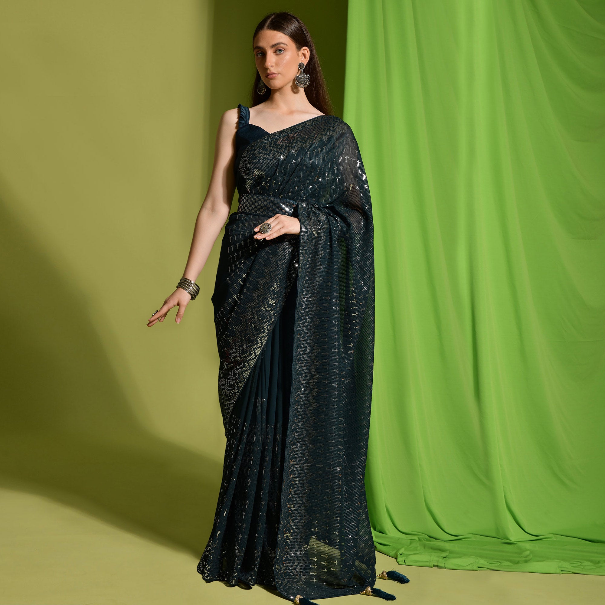 Dark Green Sequins Embroidered Georgette Saree