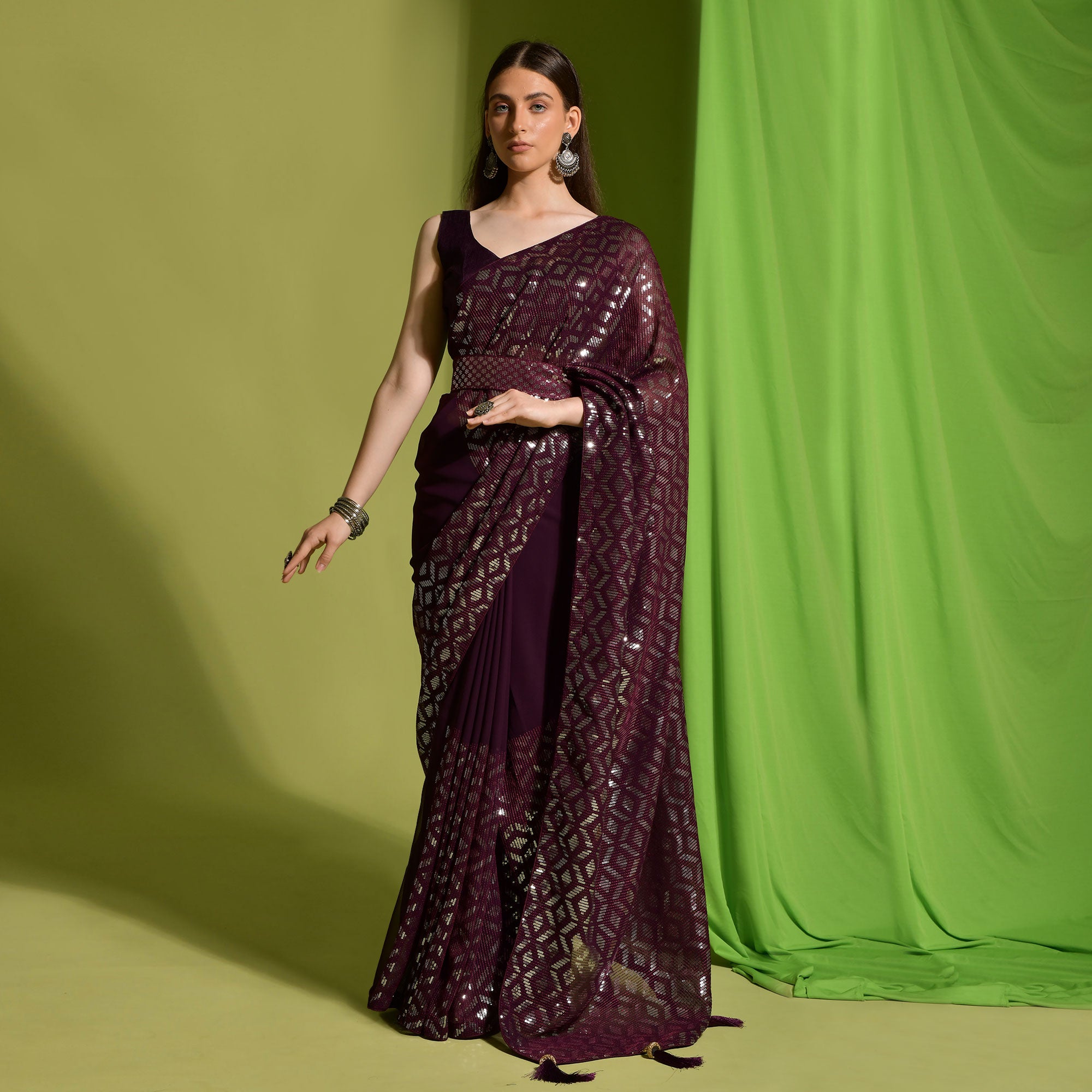 Wine Sequins Embroidered Georgette Saree