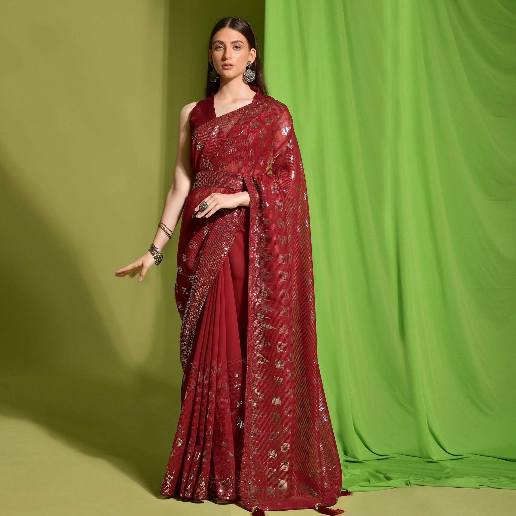 Red Sequins Embroidered Georgette Saree