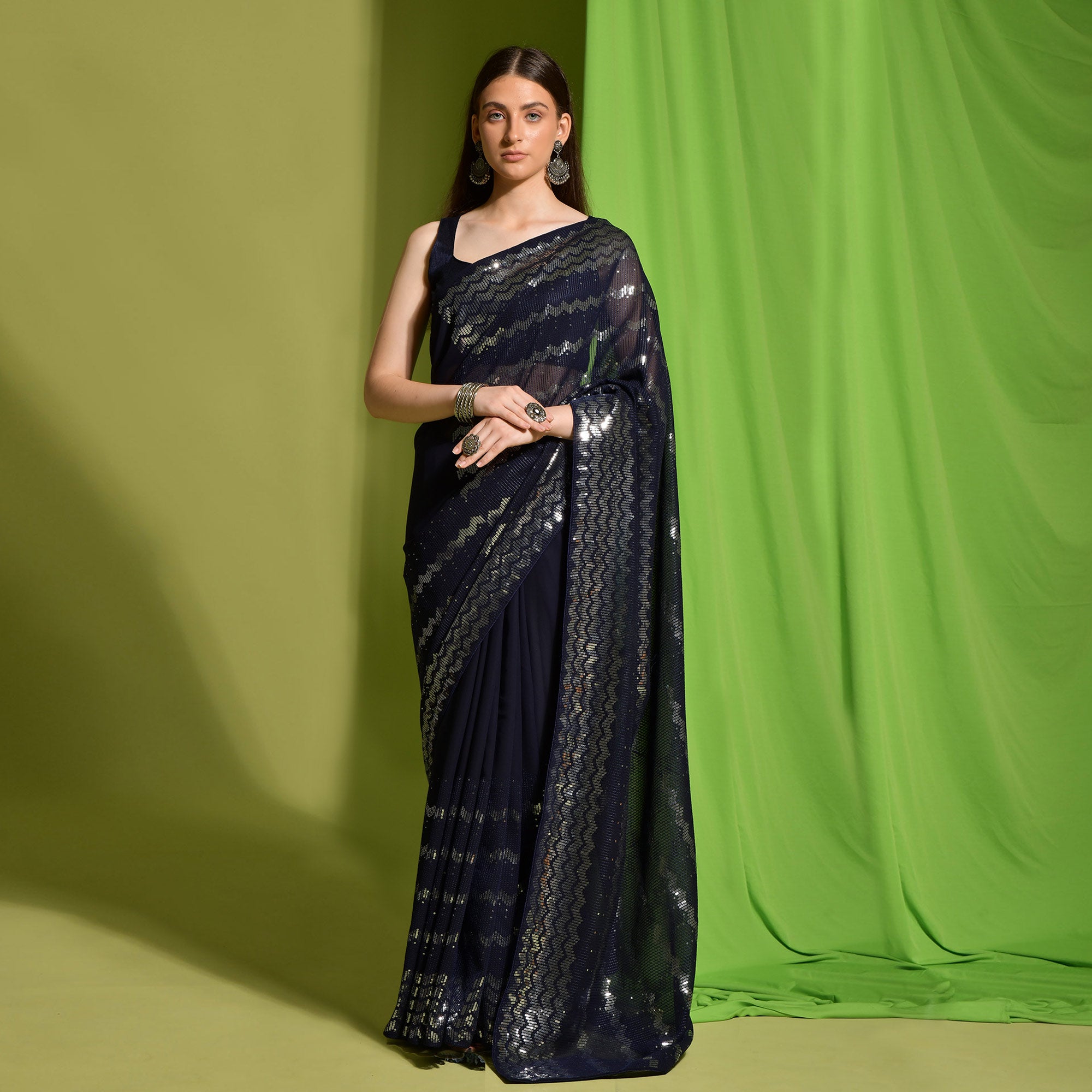 Navy Blue Sequins Embroidered Georgette Saree