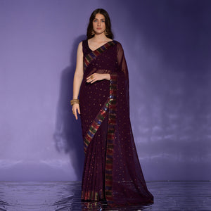 Wine Sequins Embroidered Georgette Saree
