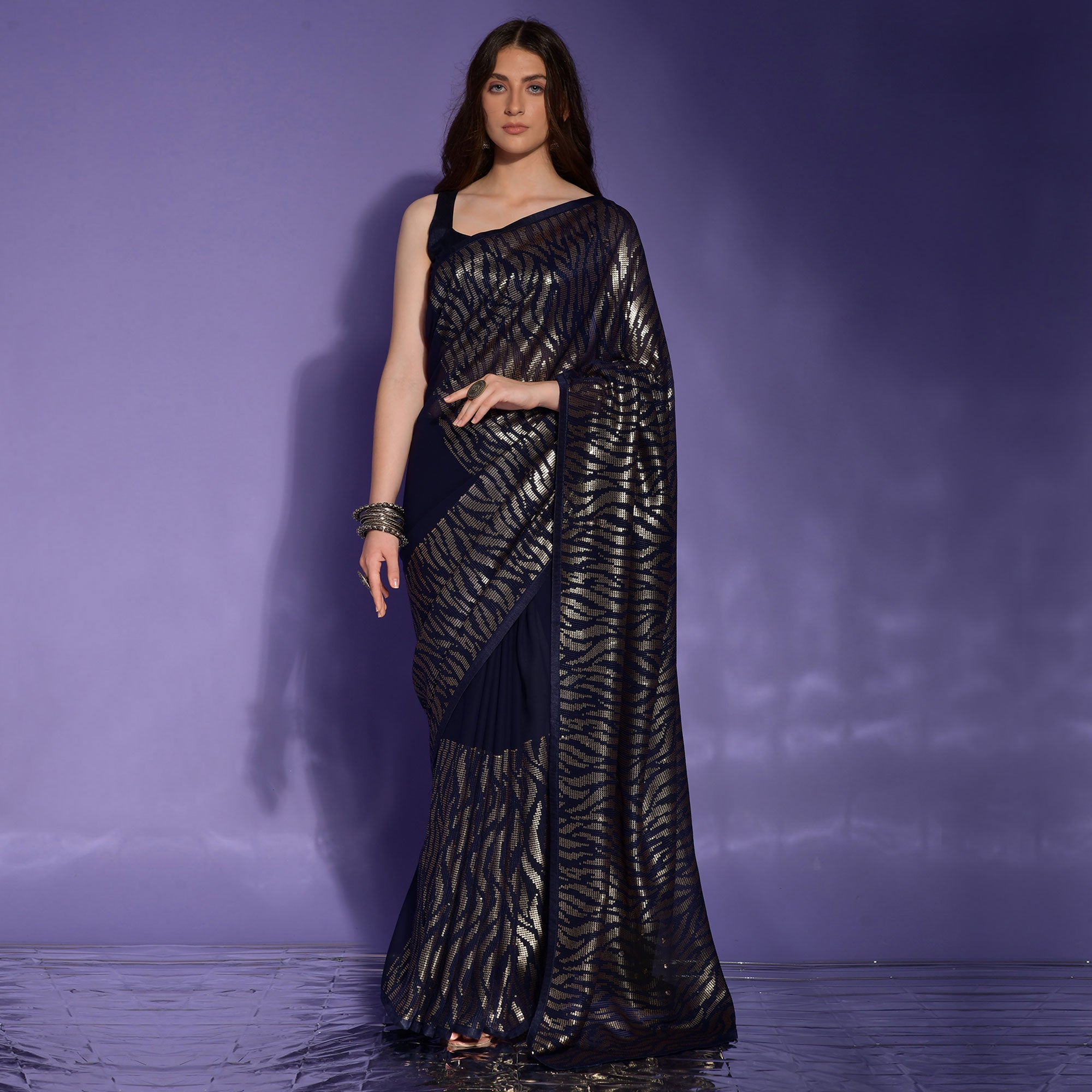 Navy Blue Sequins Embroidered Georgette Saree