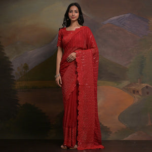Red Sequins Embroidered Georgette Saree