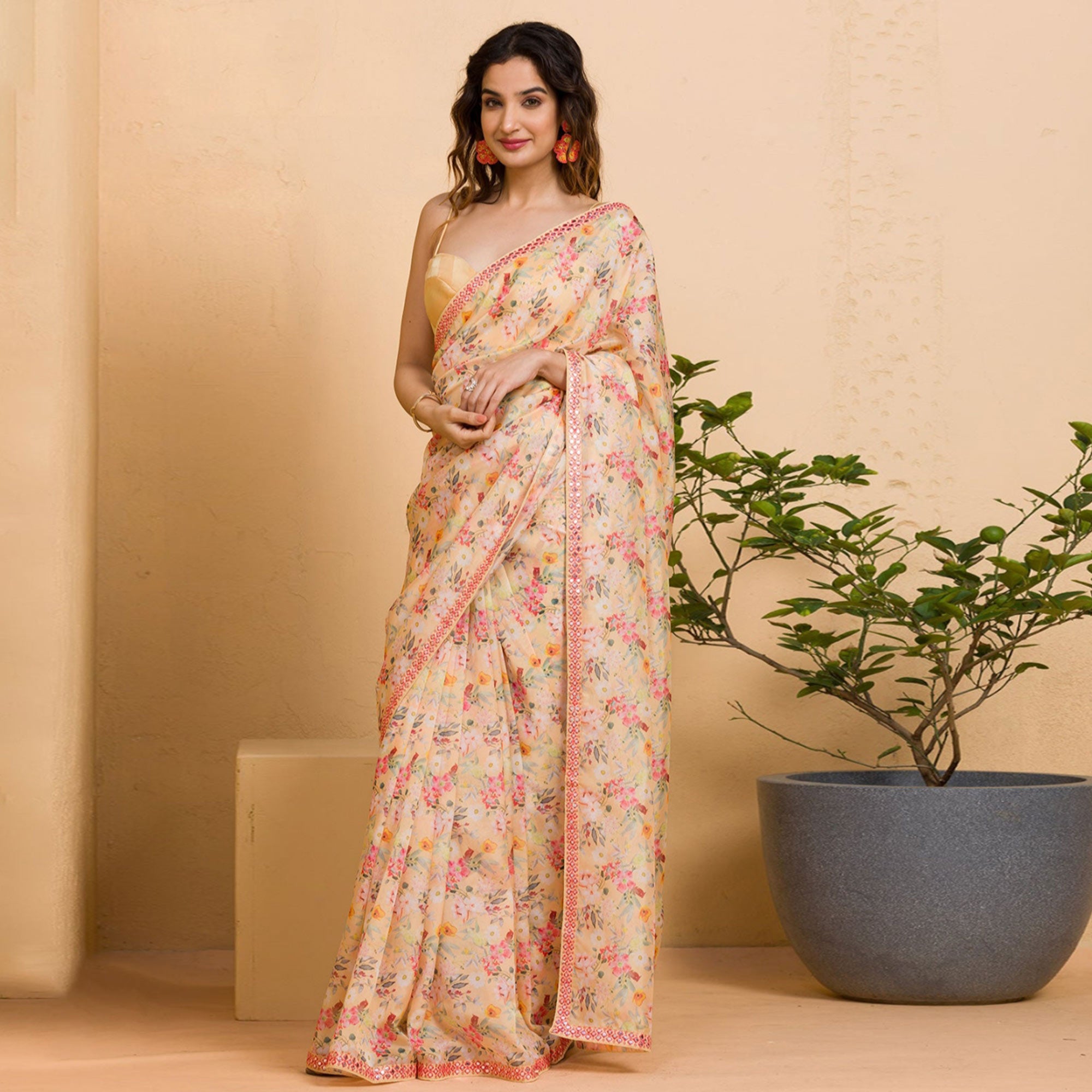Peach Floral Printed Chinon Saree With Fancy Mirror Border