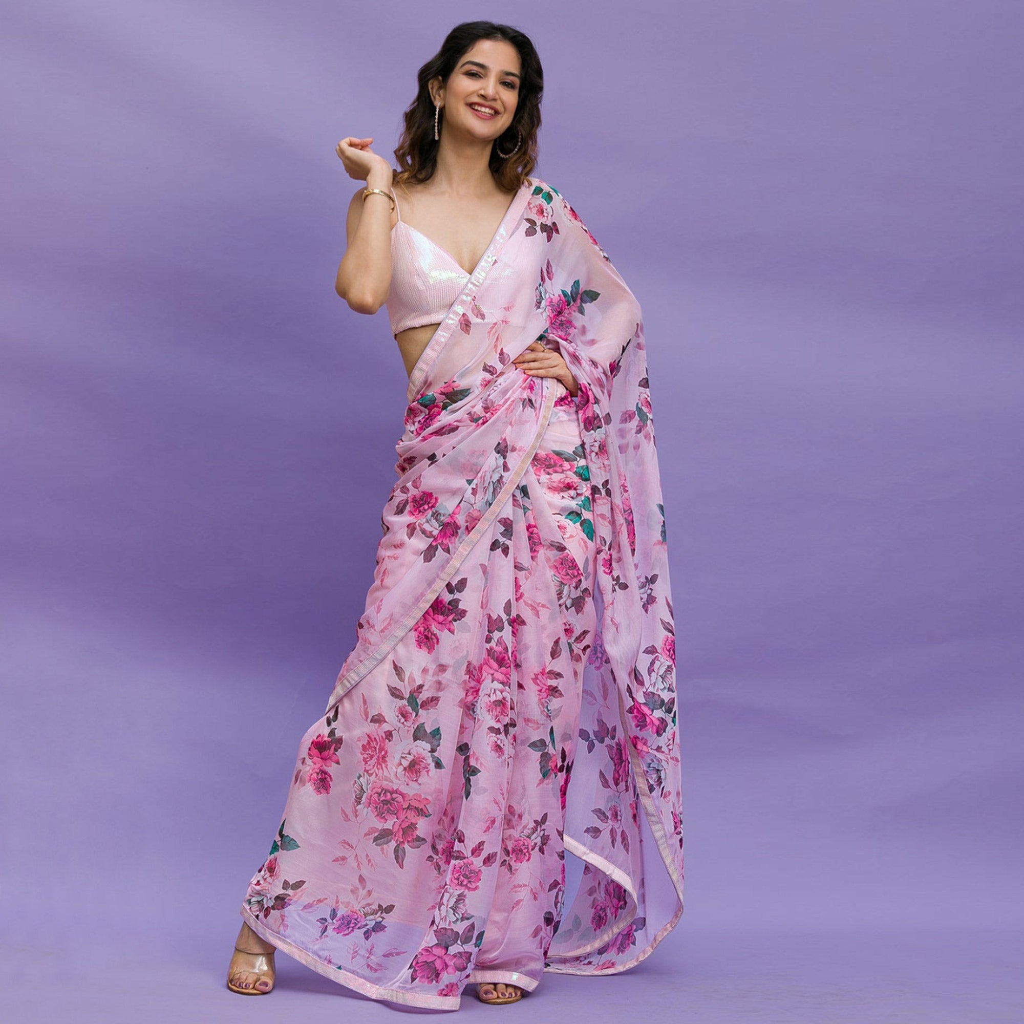 Pink Floral Printed Chinon Saree With Embroidered Border