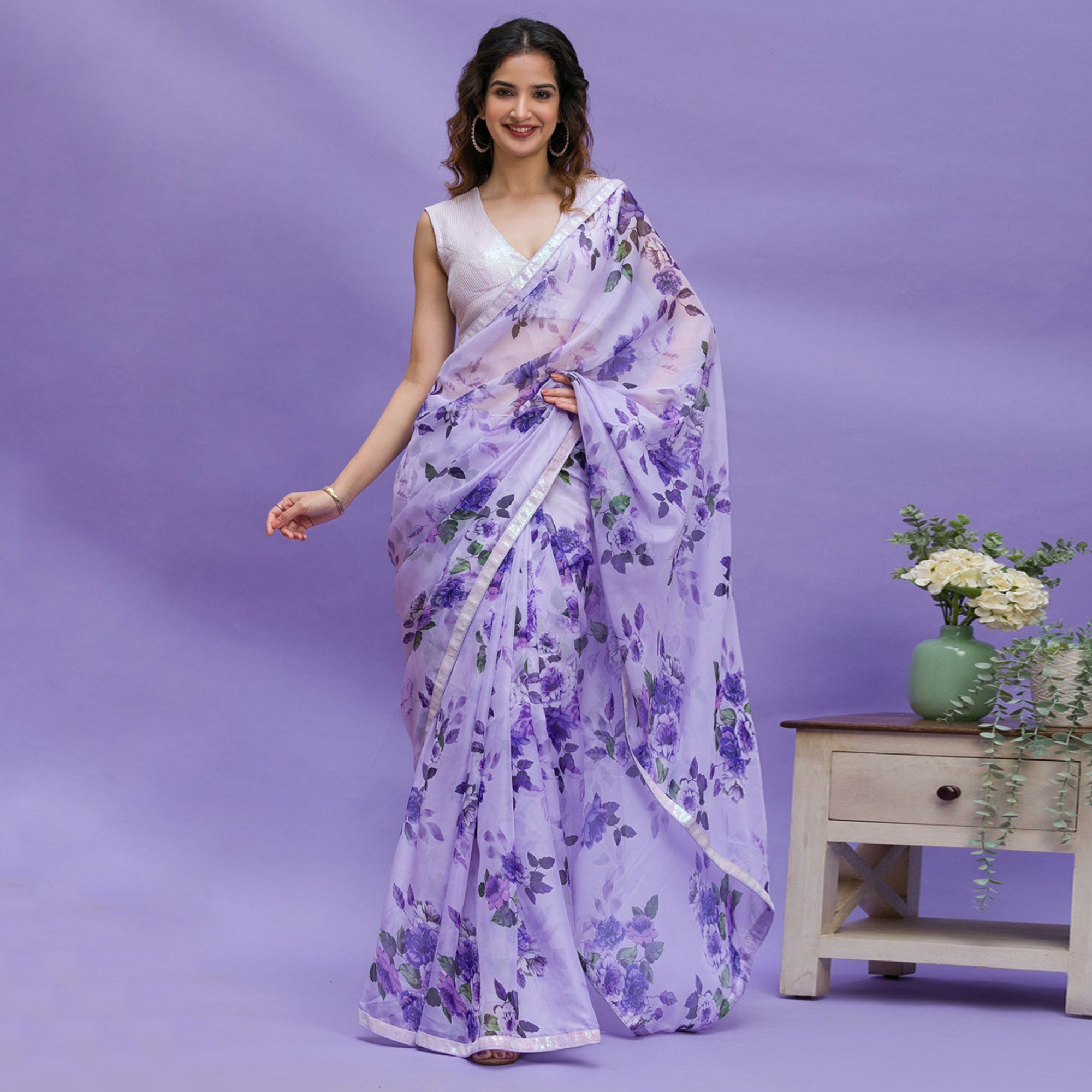 Purple Floral Printed Chinon Saree With Embroidered Border