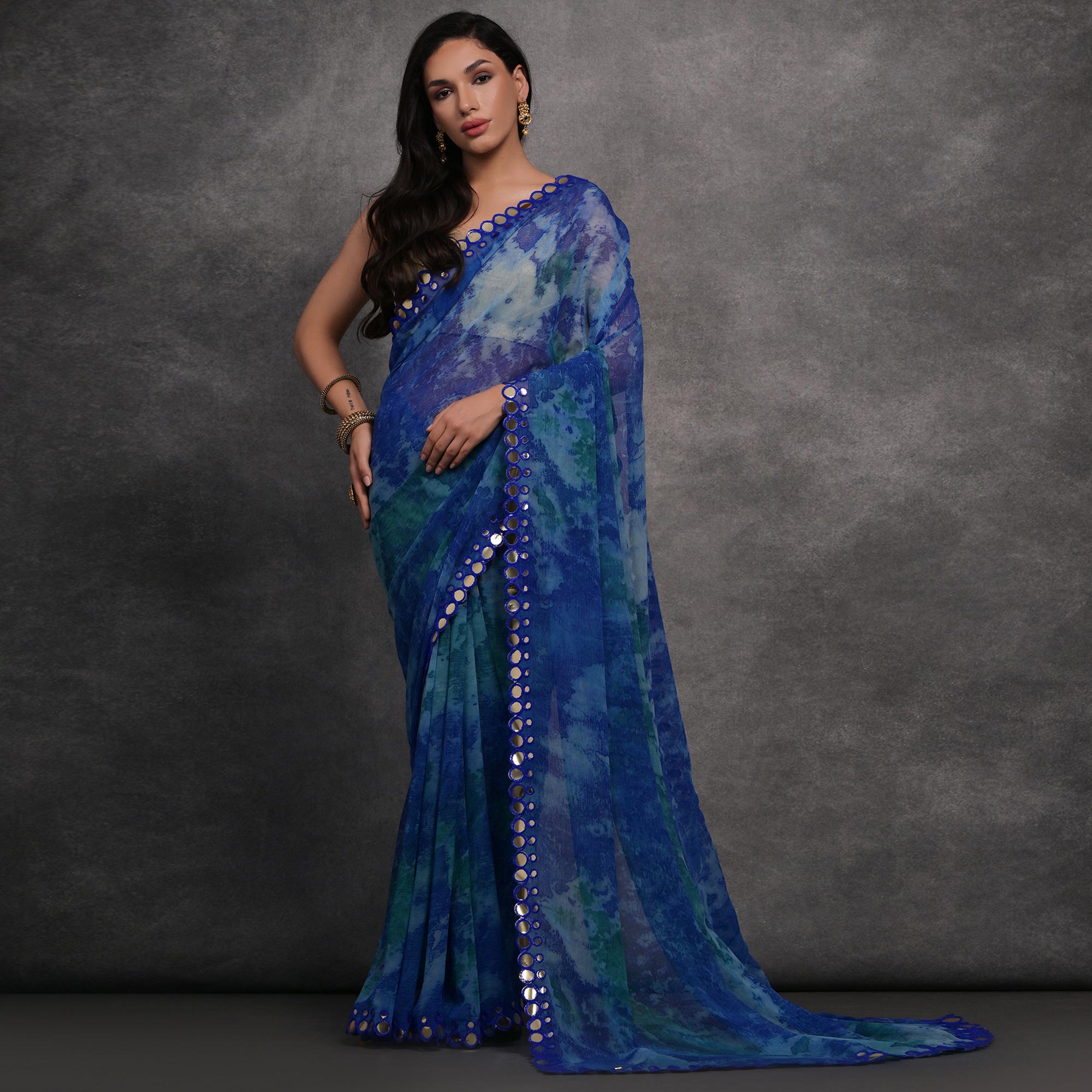 Navy Blue Printed With Mirror Work Georgette Saree