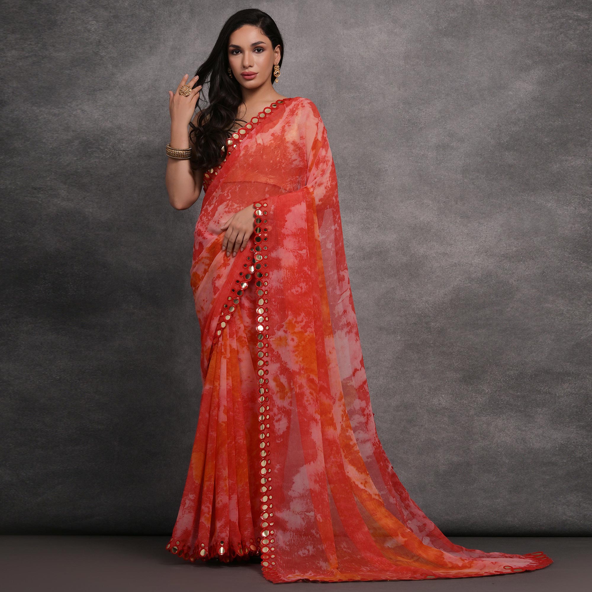 Pink Printed With Mirror Work Georgette Saree