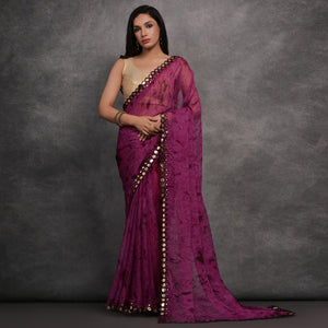Purple Printed With Mirror Work Georgette Saree
