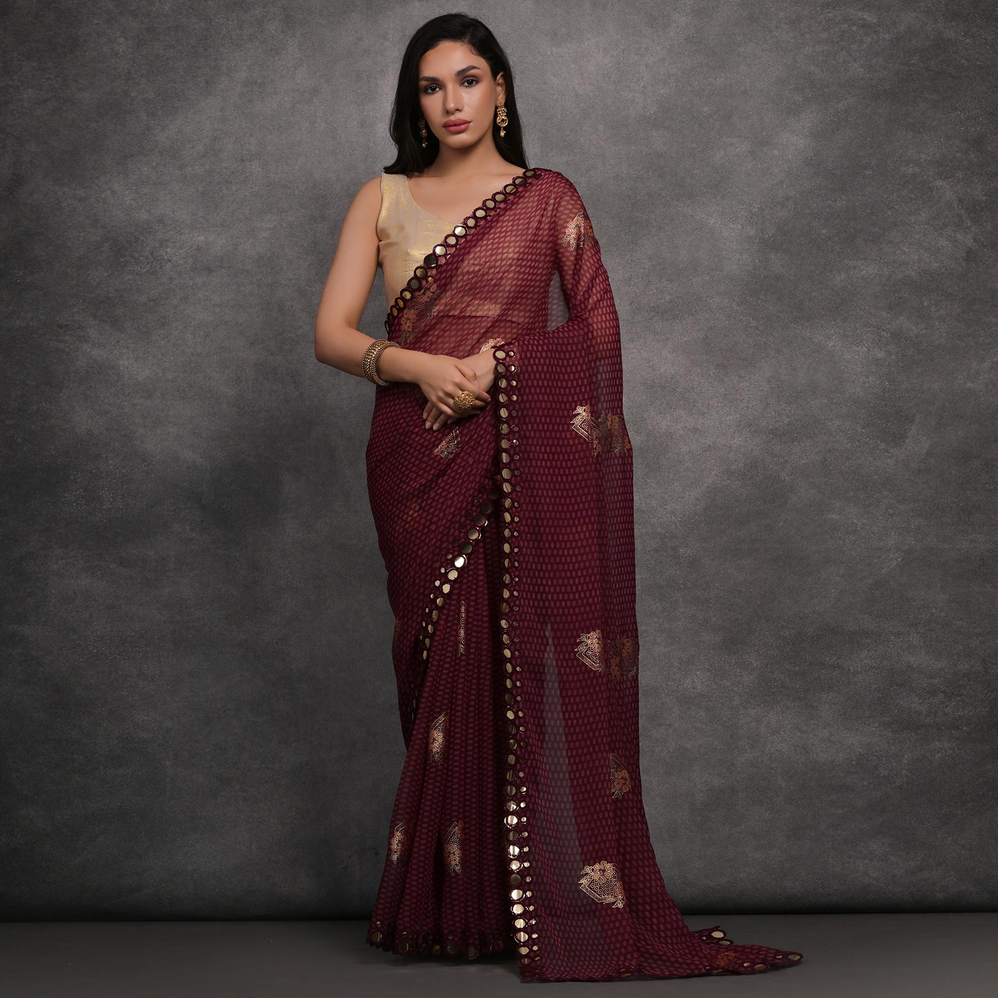 Wine Foil Printed With Mirror Work Georgette Saree