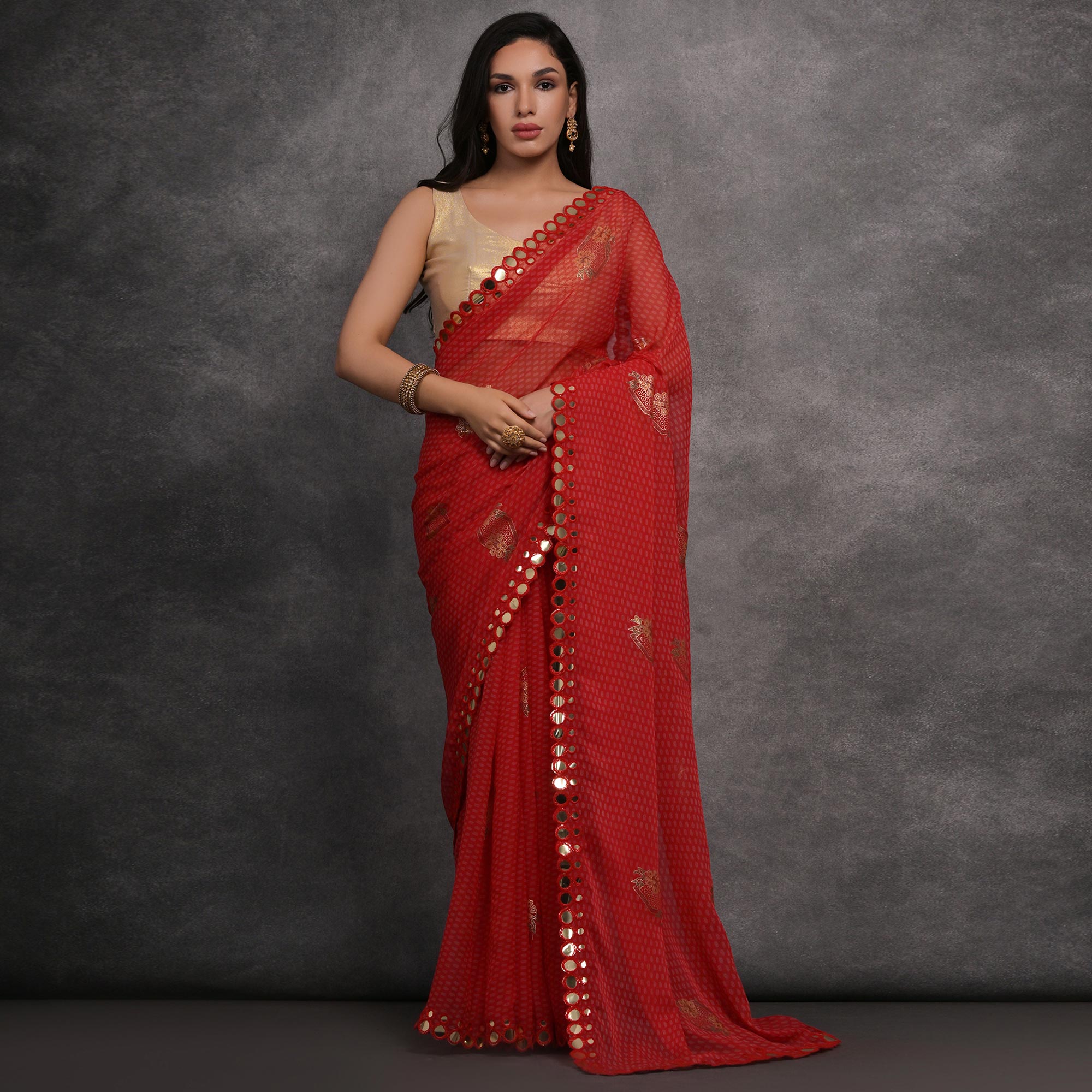 Red Foil Printed With Mirror Work Georgette Saree