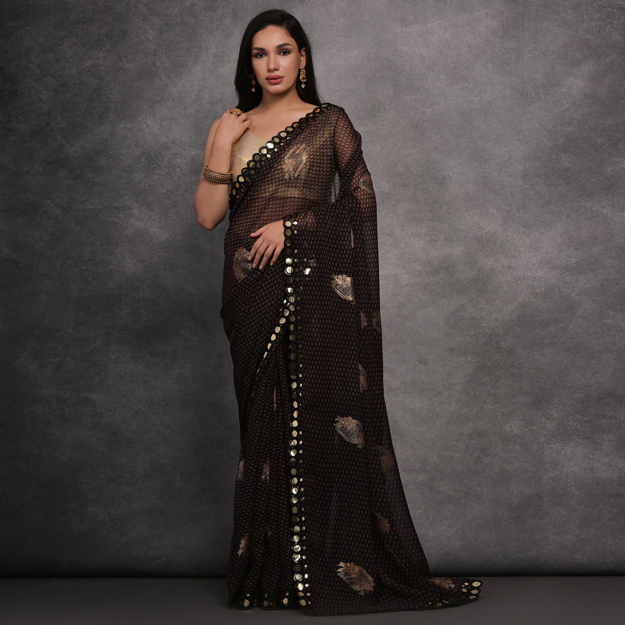 Black Foil Printed With Mirror Work Georgette Saree