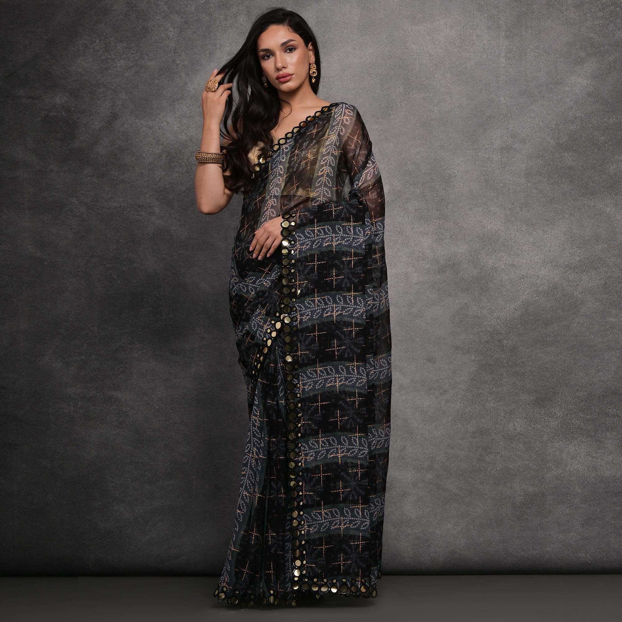 Black Foil Printed With Mirror Work Georgette Saree