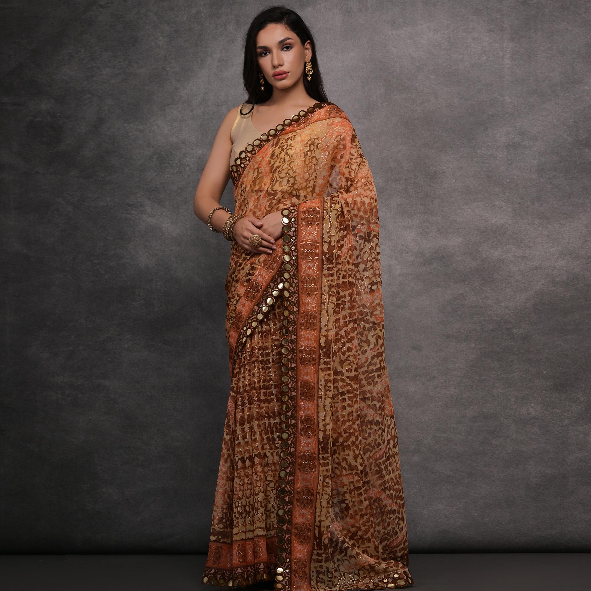 Peach Foil Printed With Mirror Work Georgette Saree