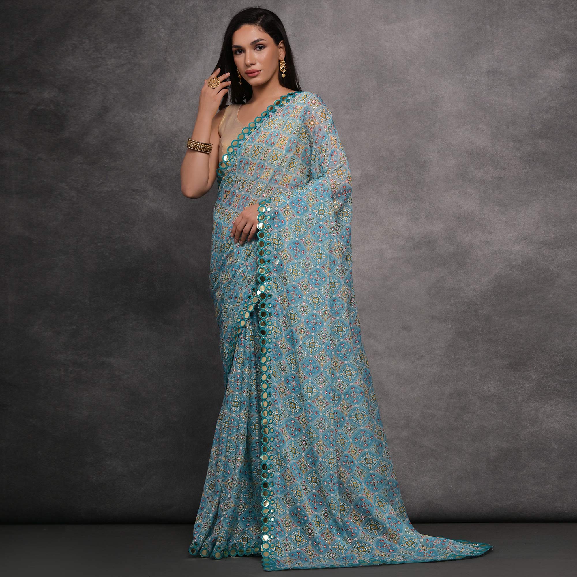 Buy Lavender Mirrorwork Shimmer Georgette Saree - Koskii