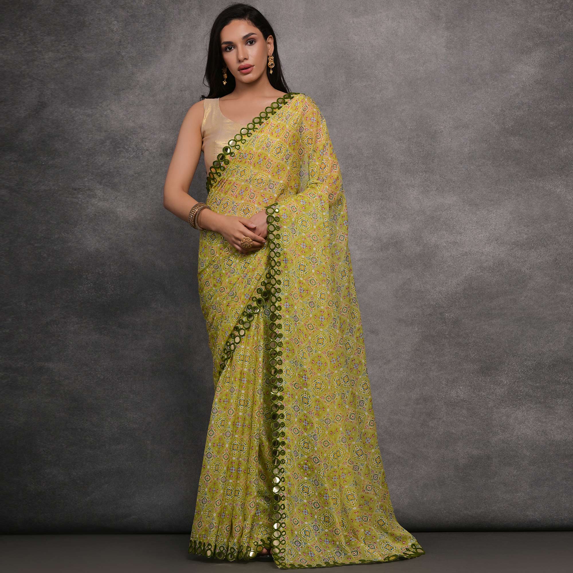 Green Foil Printed With Mirror Work Georgette Saree