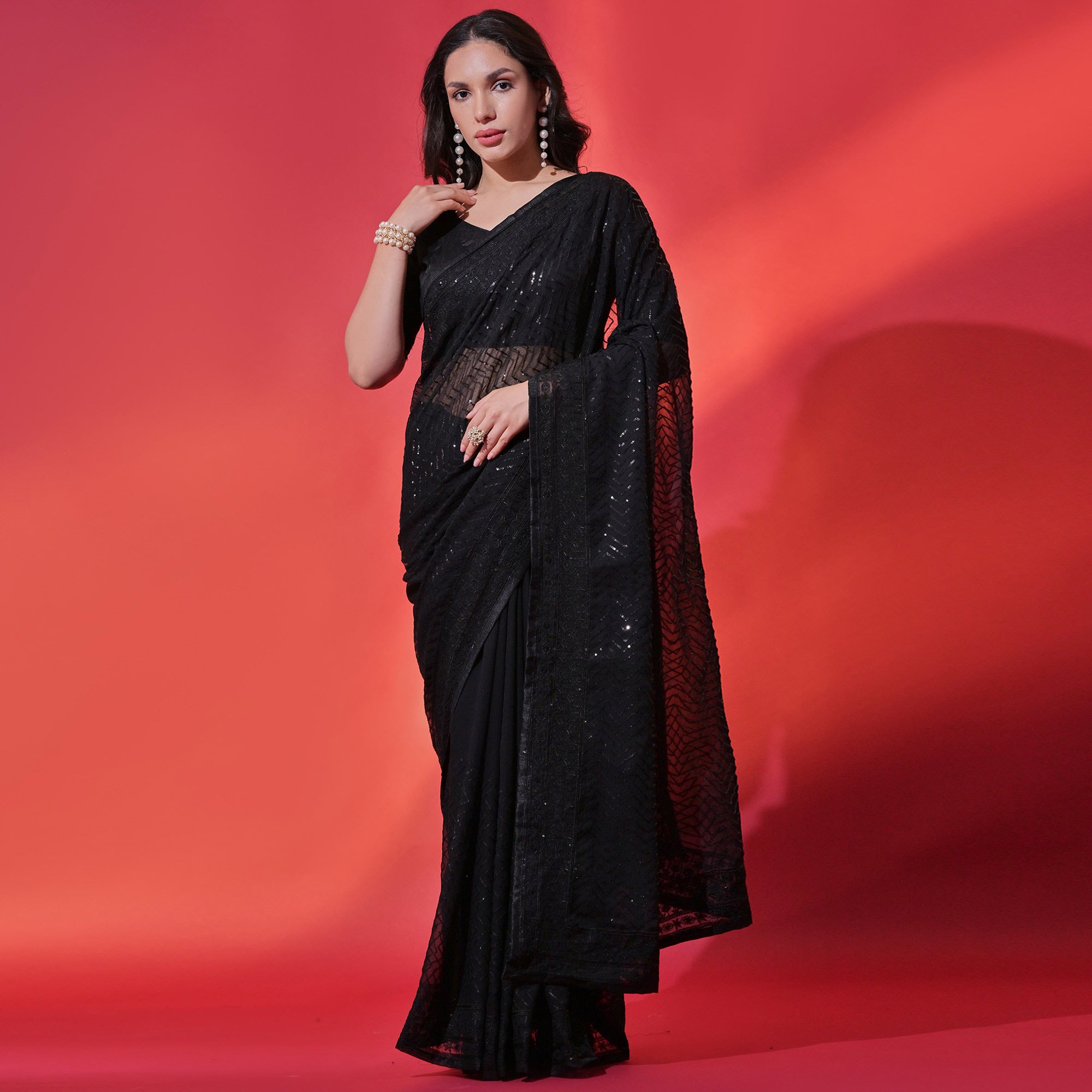 Black Sequins Embroidered Georgette Saree