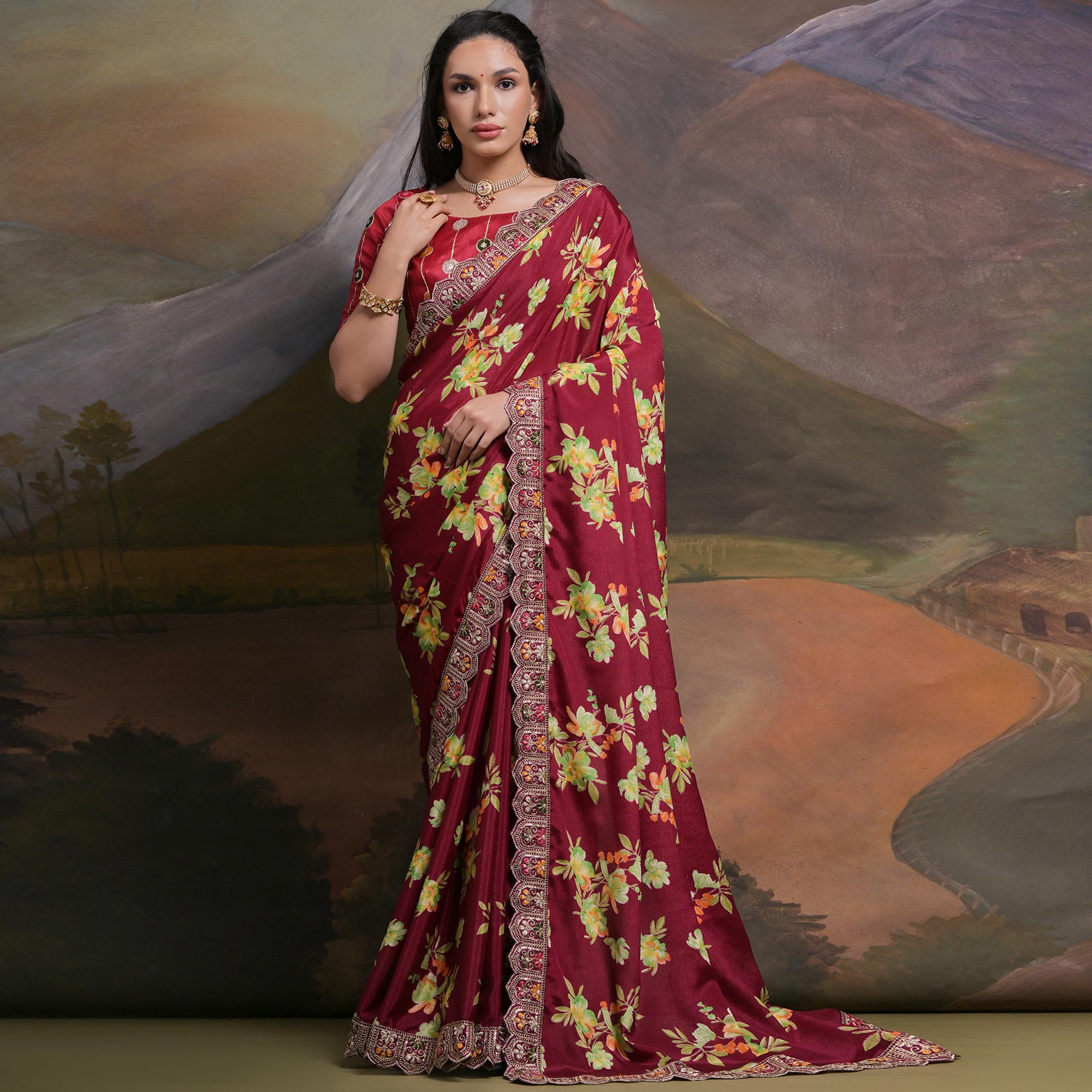 Maroon Floral Printed Chinon Saree With Embroidered Border