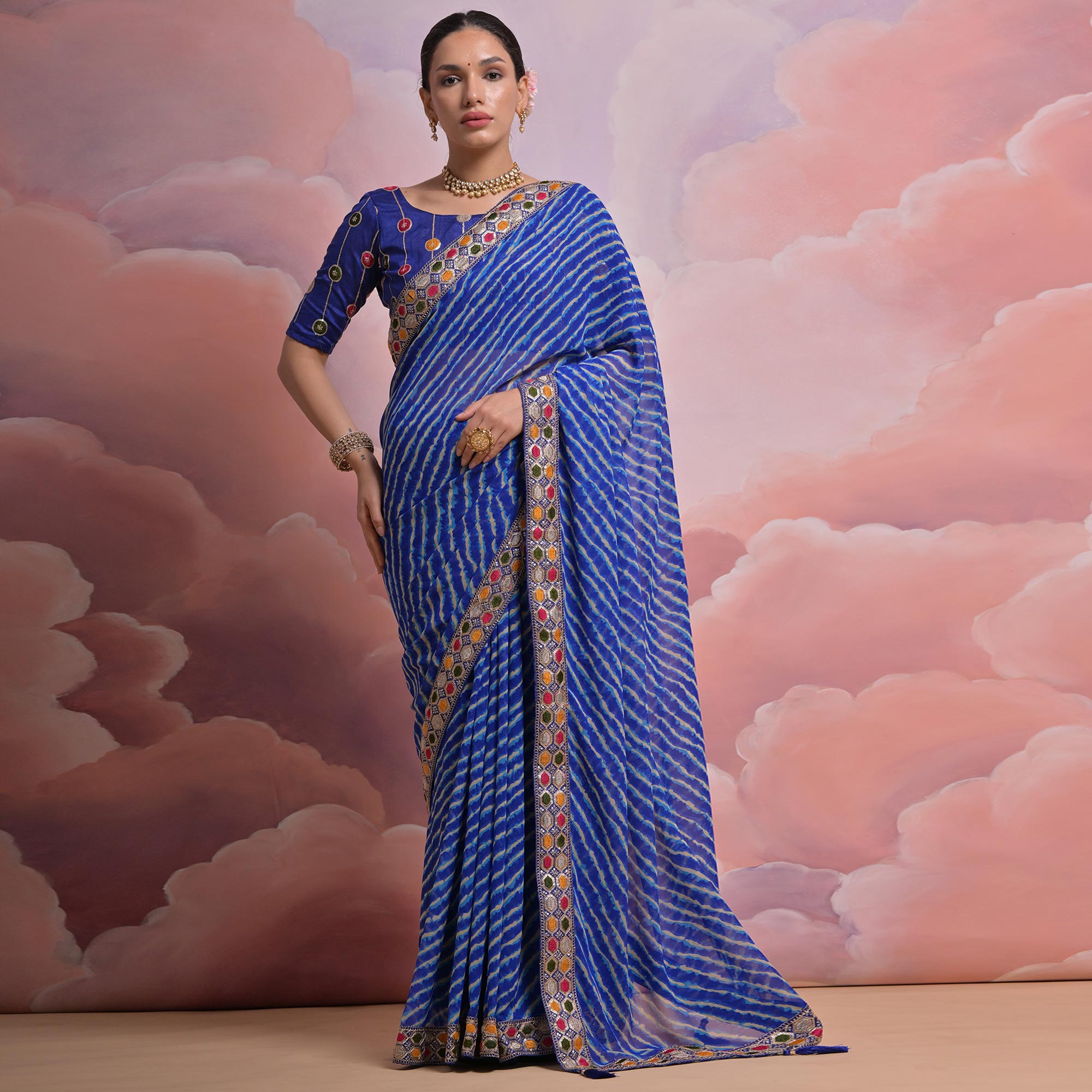 Blue Leheriya Printed With Embroidered Border Georgette Saree