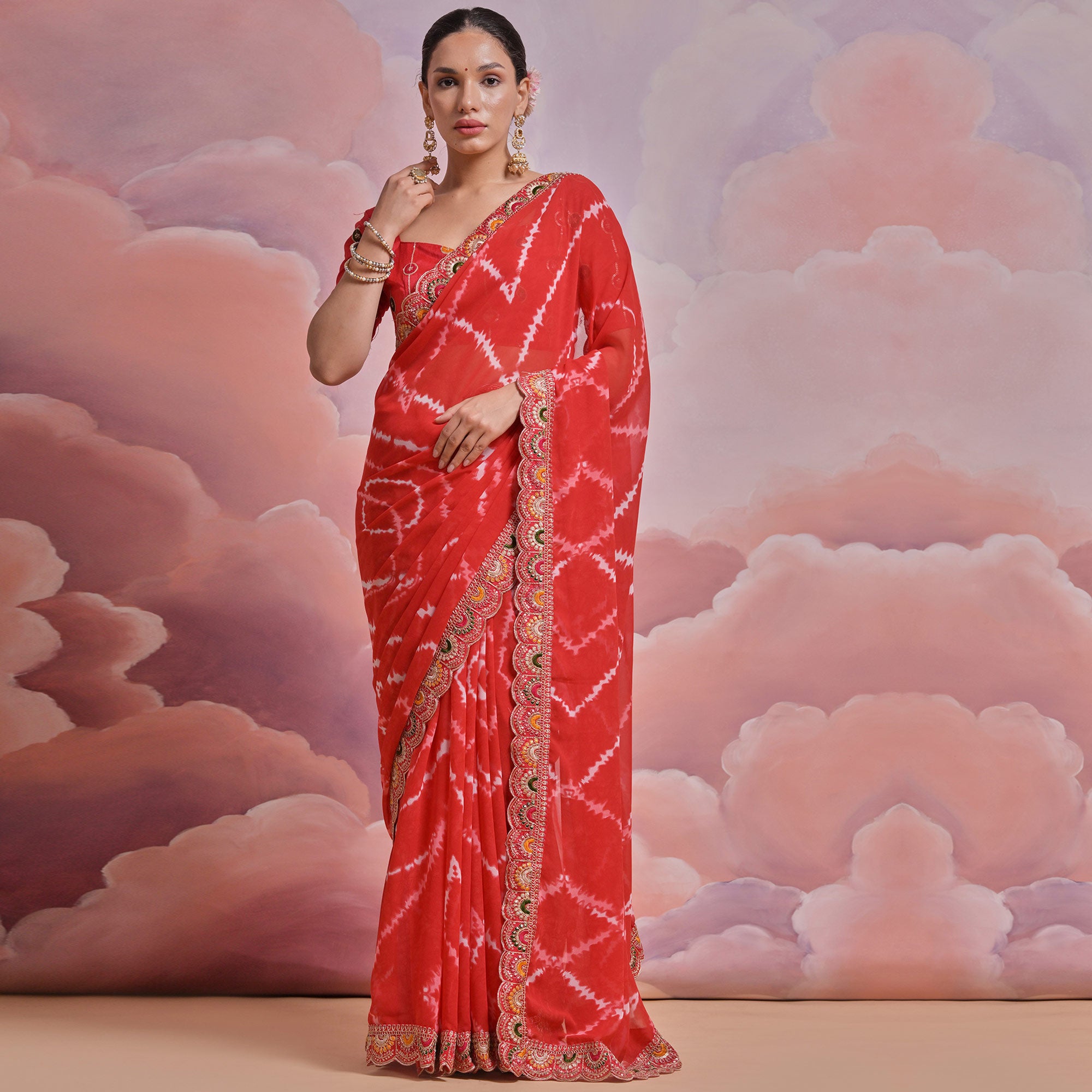 Red  Printed With Embroidered Border Georgette Saree