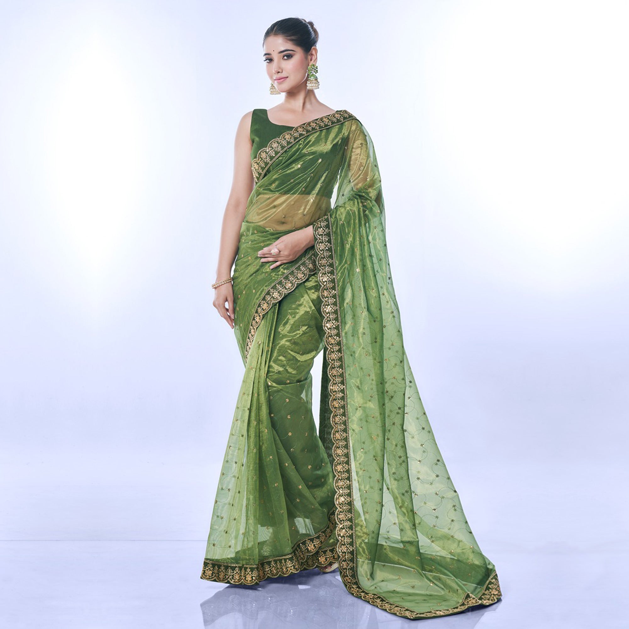 Green Sequins Embroidered Net Saree