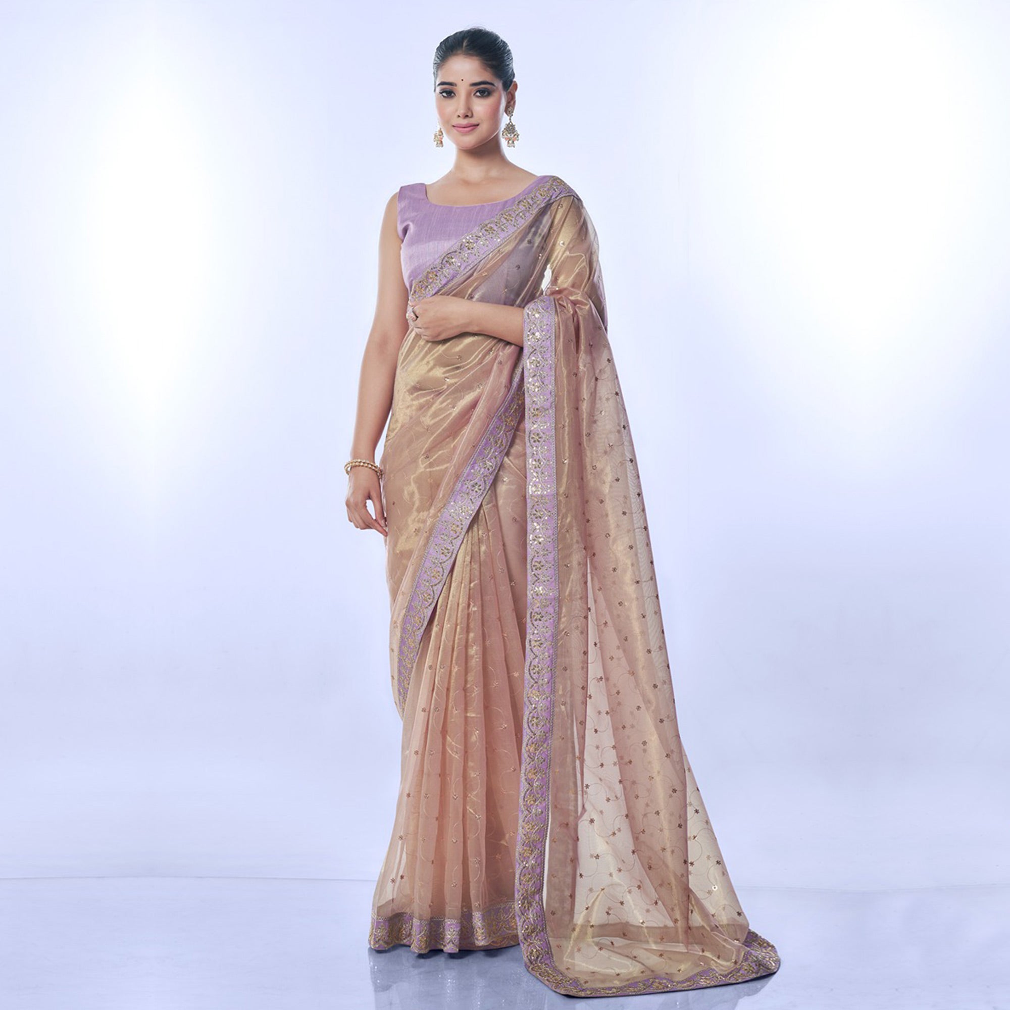 Beige Sequins Embroidered Net Saree