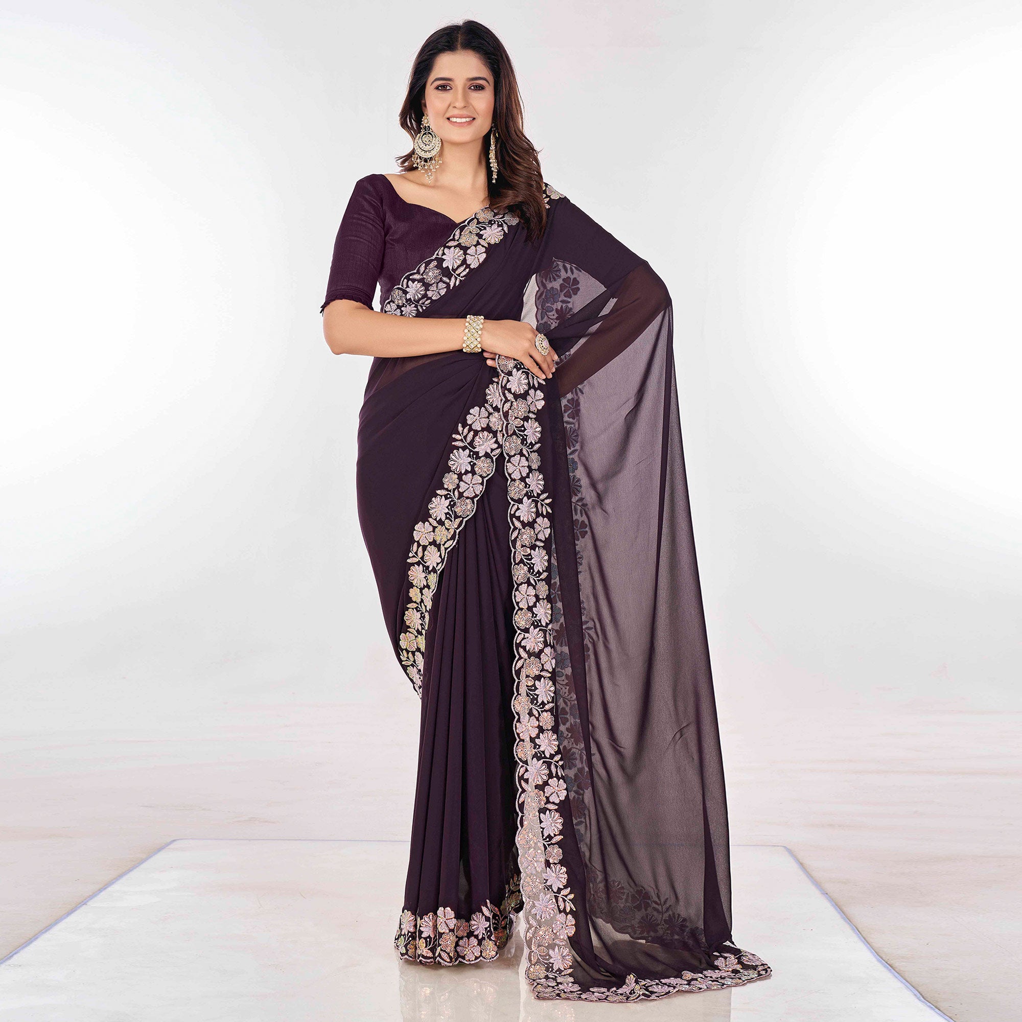 Wine Sequins Embroidered Georgette Saree