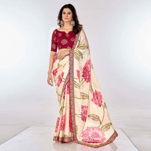 Off White Floral Printed Chinon Saree