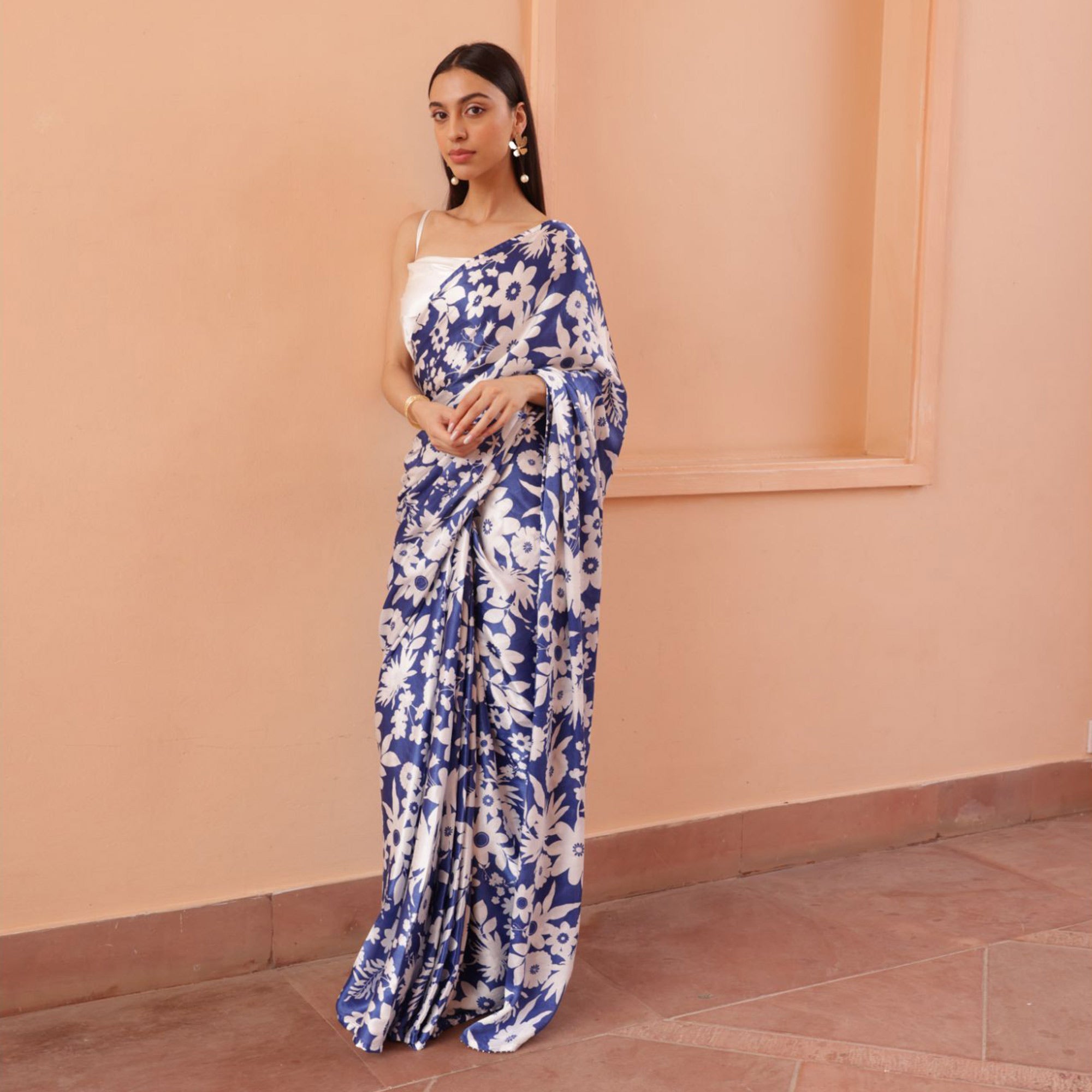 Blue Digital Printed Satin Saree