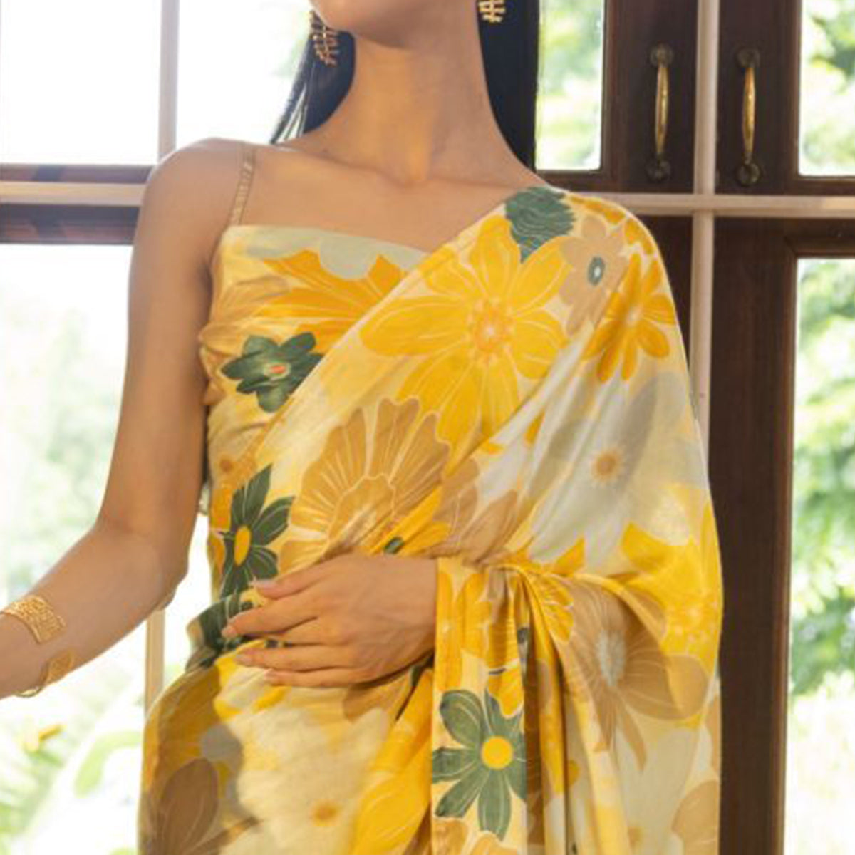 Yellow Digital Printed Satin Saree