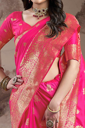 Pink Floral Woven Jacquard Silk Saree