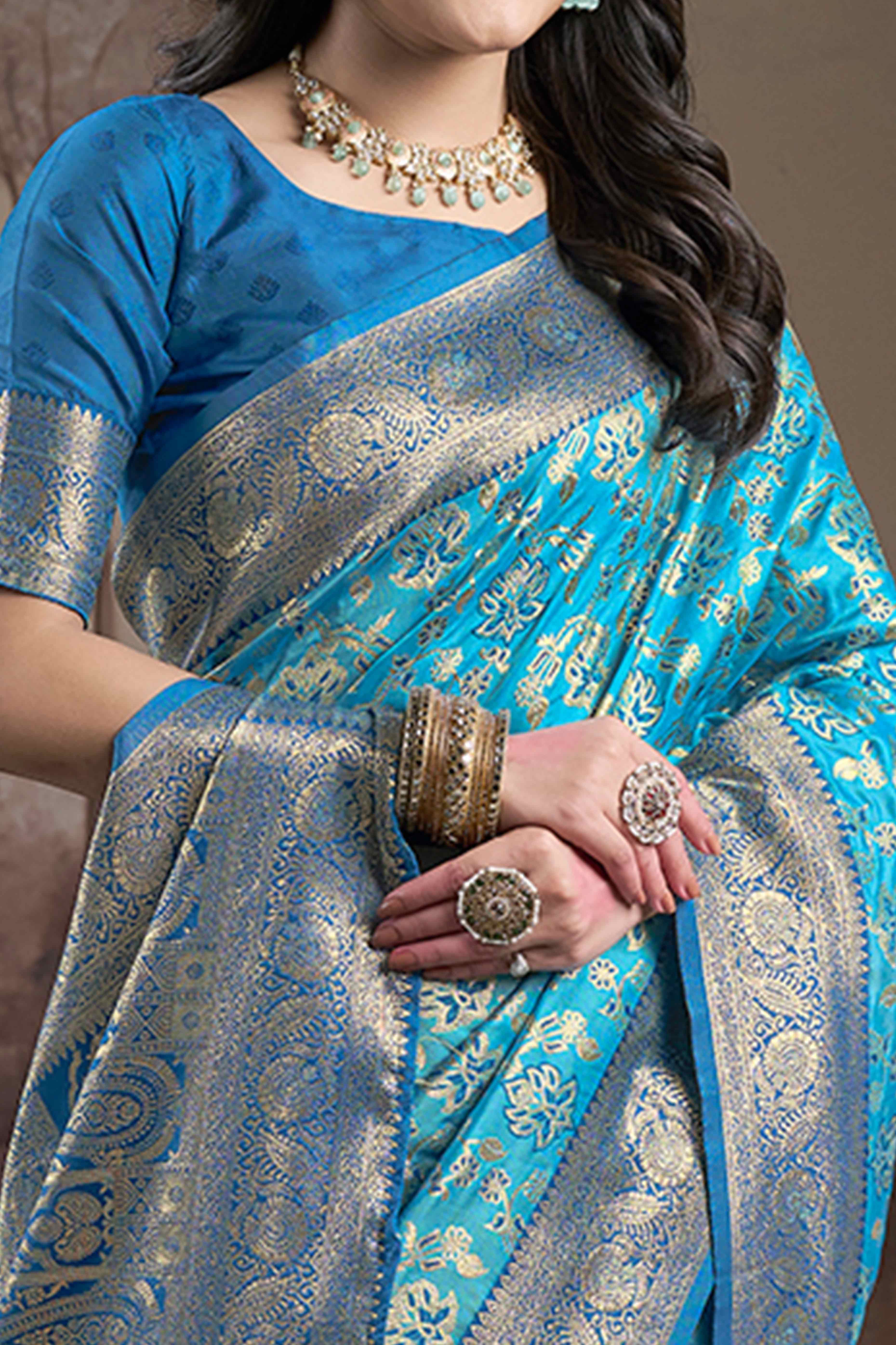 Blue Floral Woven Jacquard Silk Saree
