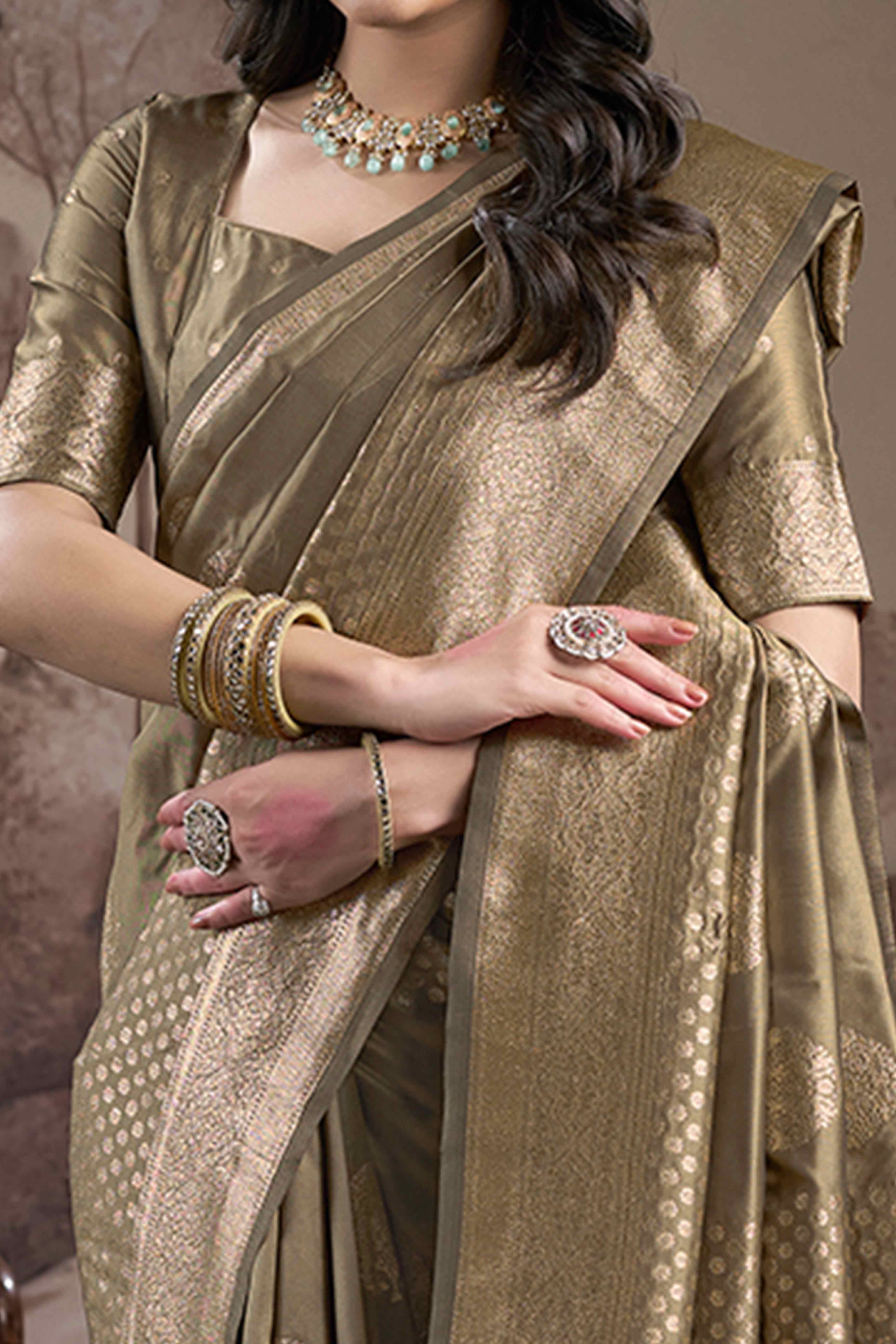 Chikoo Floral Woven Jacquard Silk Saree