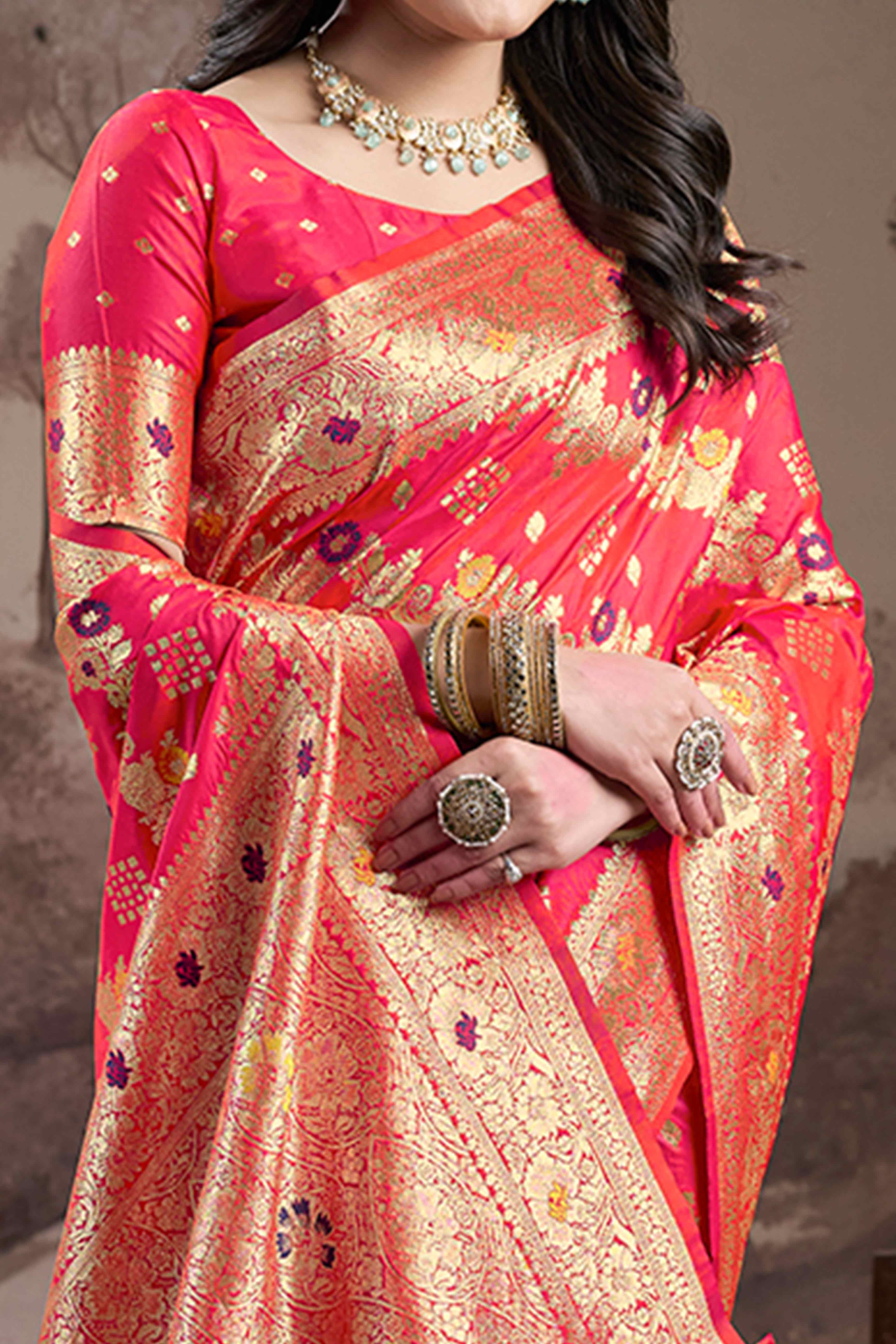 Pink Floral Woven Jacquard Silk Saree