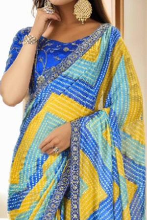 Blue & Yellow Bandhani Digital Printed Chinon Saree With Embroidered Border