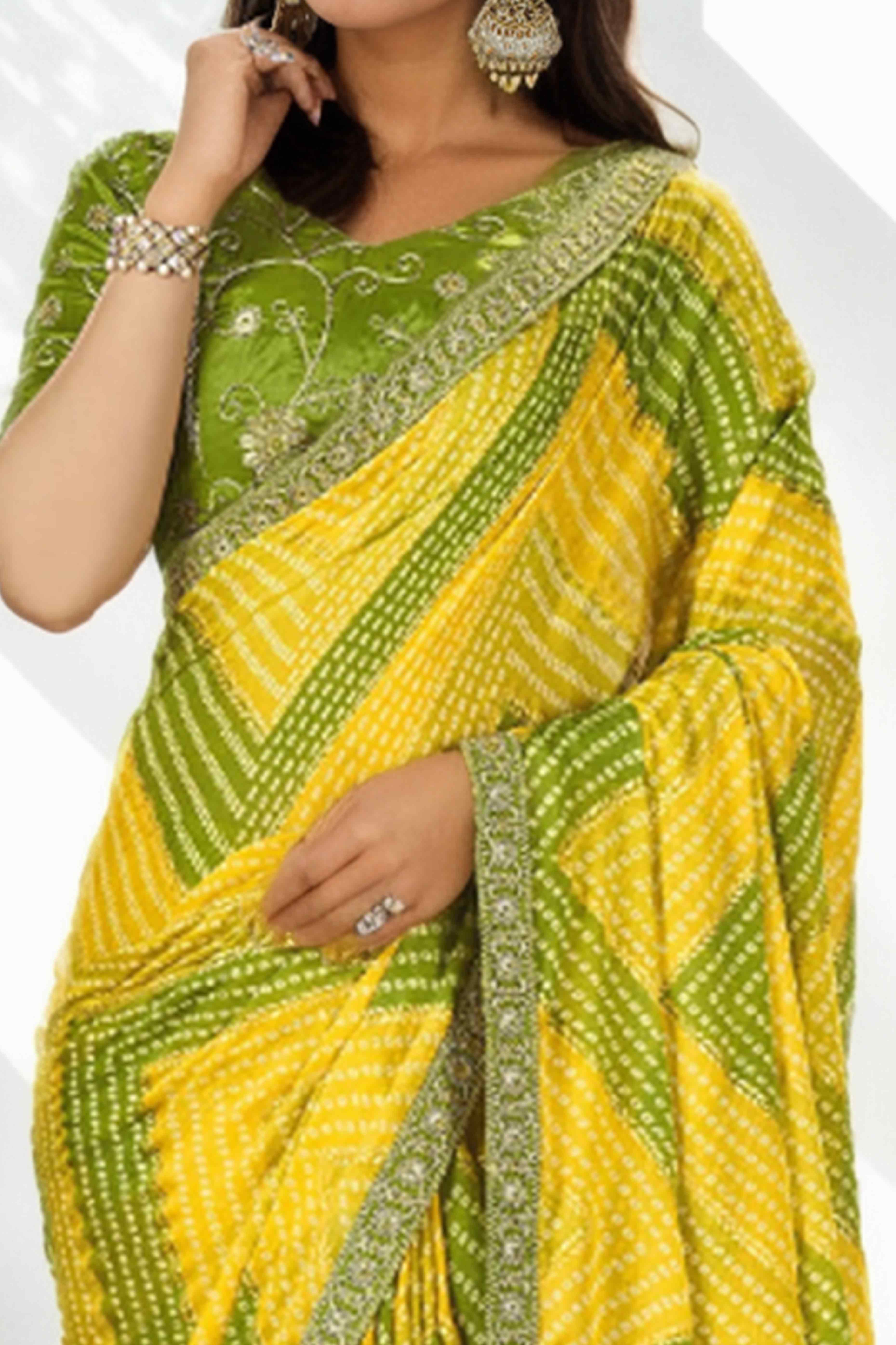 Green & Yellow Bandhani Digital Printed Chinon Saree With Embroidered Border