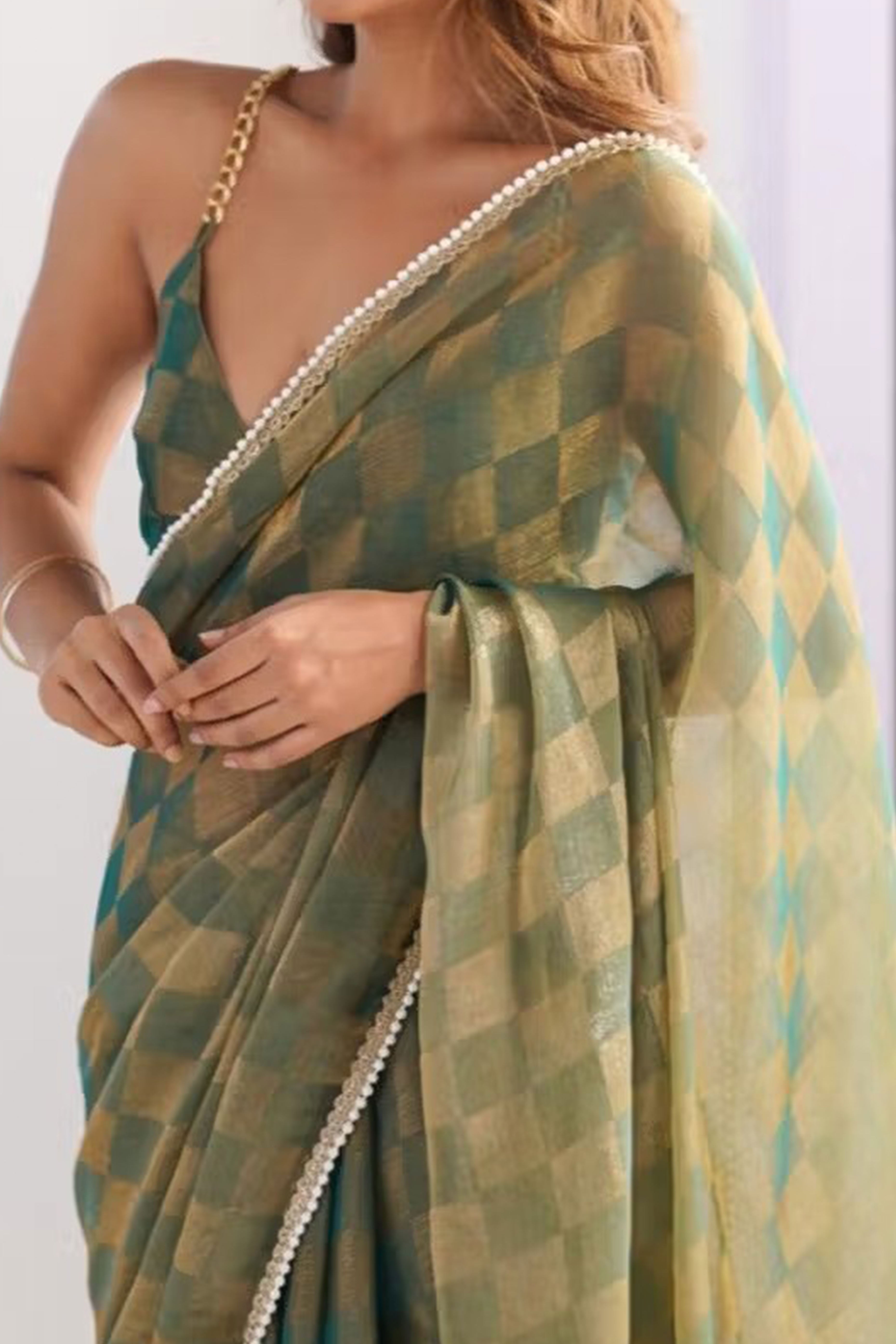 Green Checks Weaving Chiffon Saree With Refined Moti Lace Border