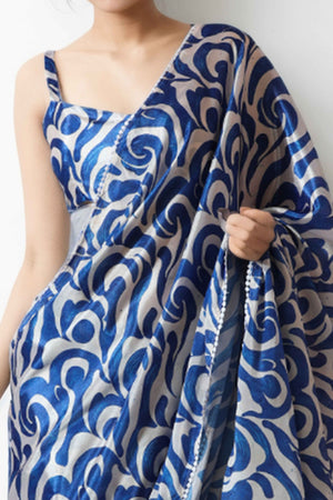 Blue Digital Printed With Lace Border Pallu Chinon Ready To Wear Saree