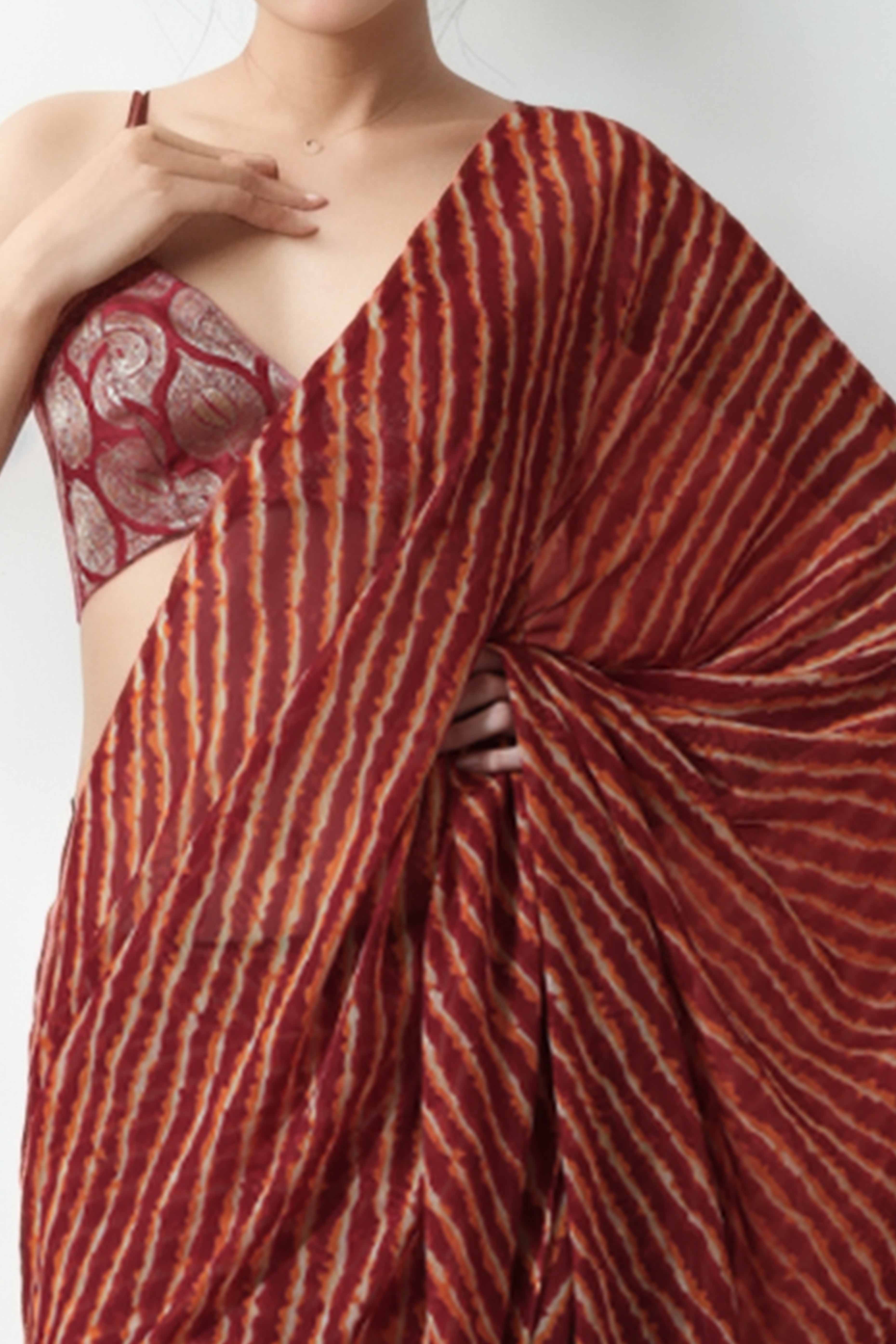 Maroon Leheriya Printed With Marbel Chiffon Ready To Wear Saree