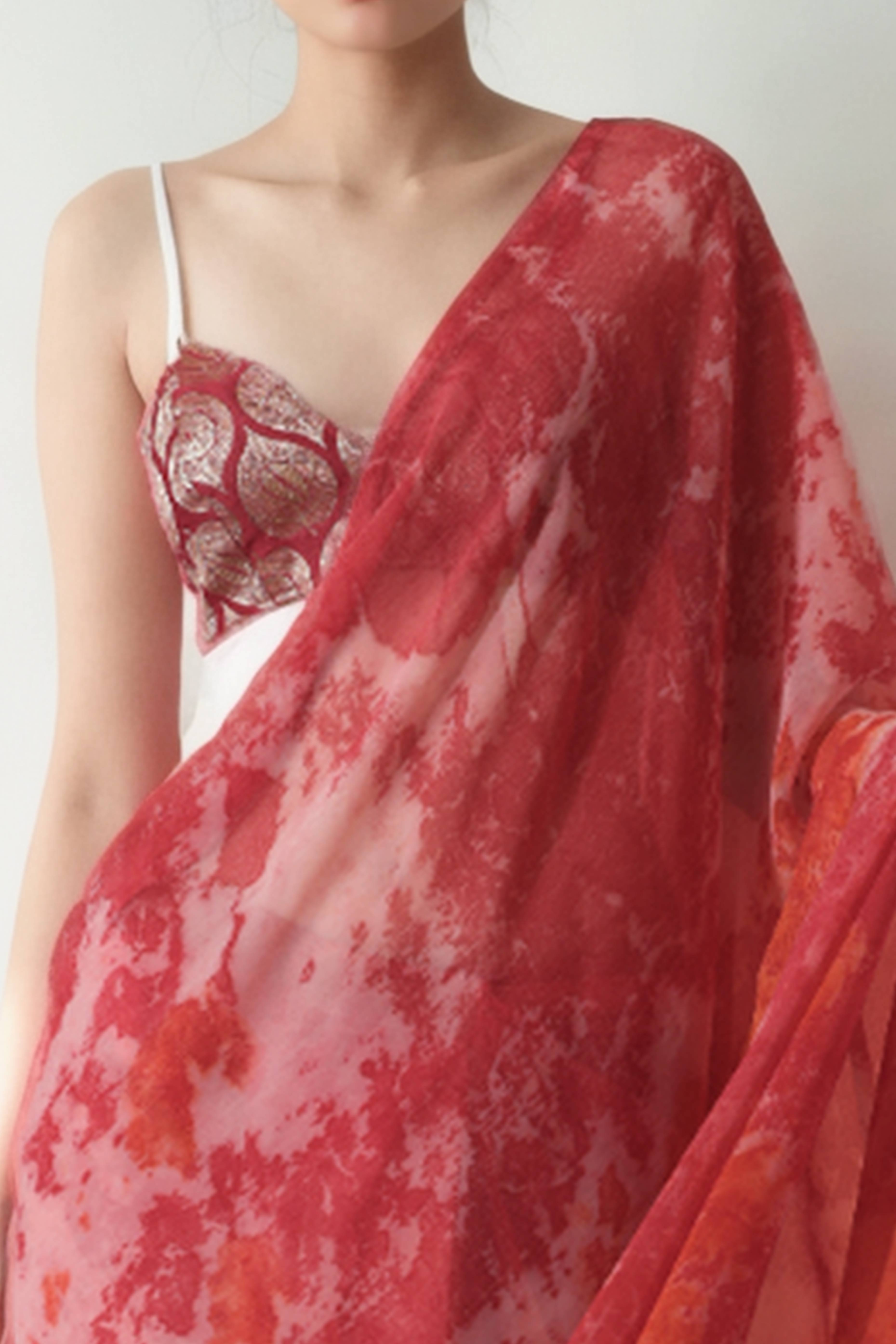 Gajari Pink Tie & Dye Printed With Marbel Chiffon Ready To Wear Saree