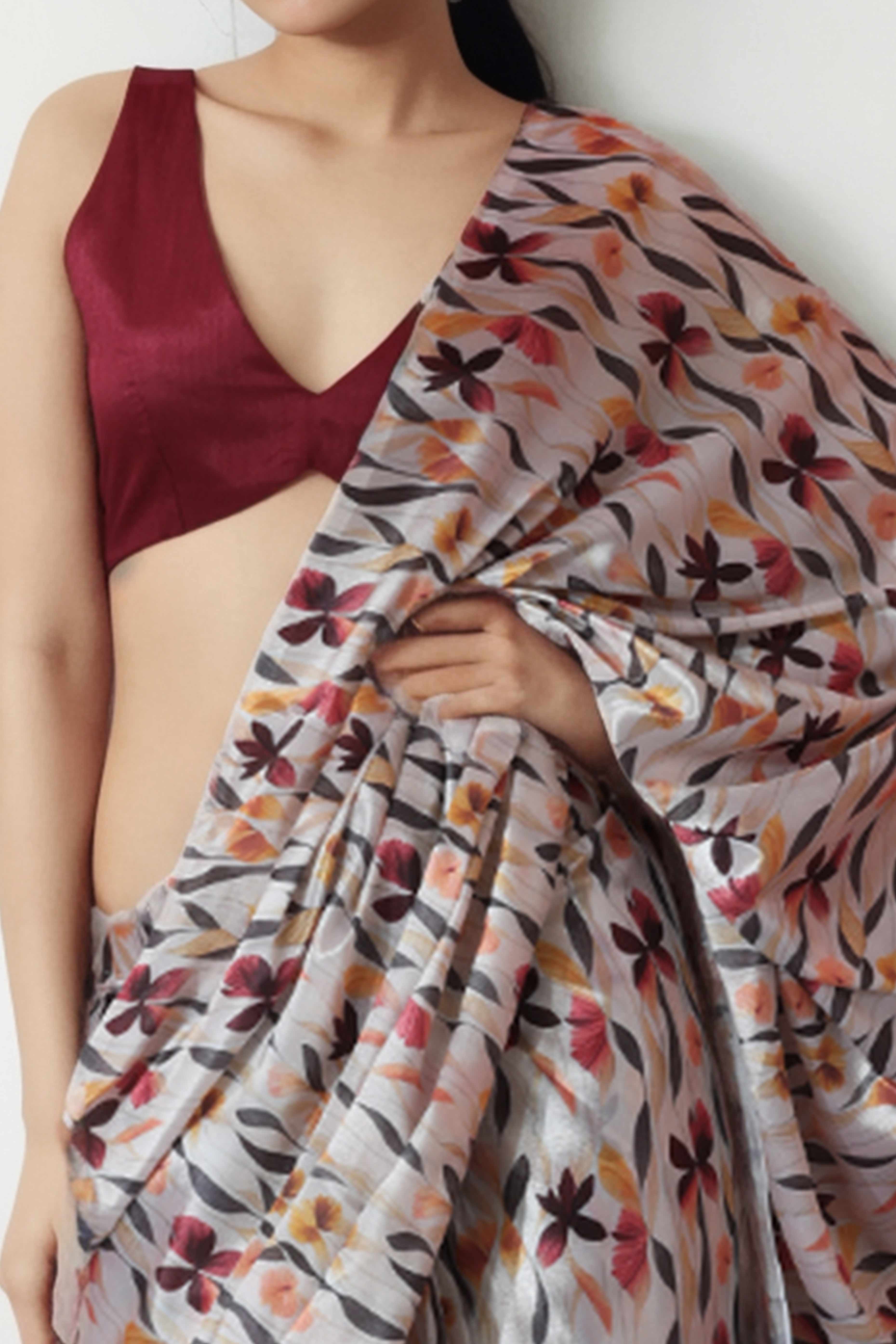 Beige Floral Digital Printed With Lace Border Pallu Chinon Ready To Wear Saree