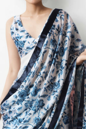 White & Blue Floral Digital Printed With Lace Border Pallu Chinon Ready To Wear Saree