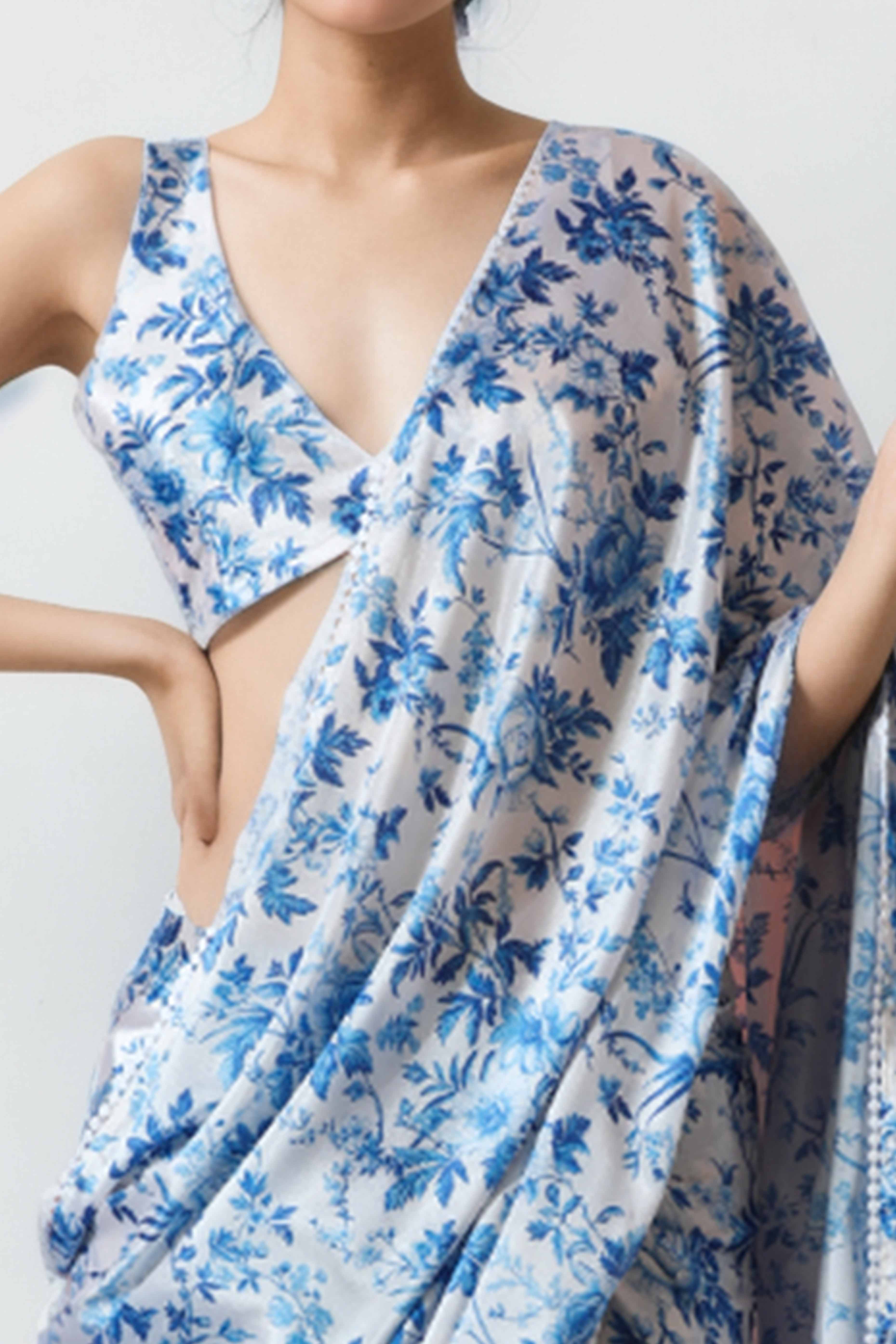 White & Blue Floral Digital Printed With Lace Border Pallu Chinon Ready To Wear Saree