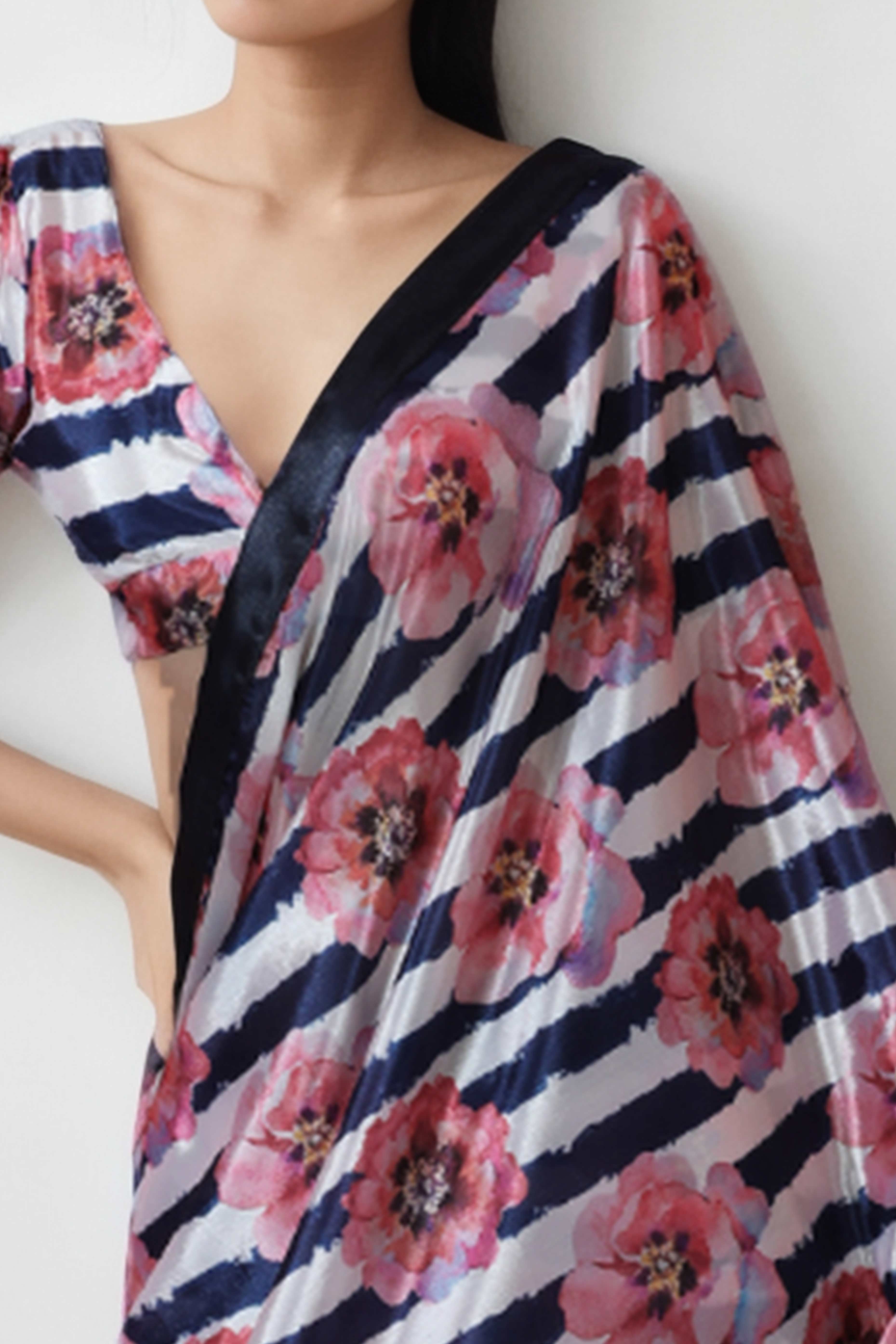 Multicolor Floral Digital Printed With Lace Border Pallu Chinon Ready To Wear Saree