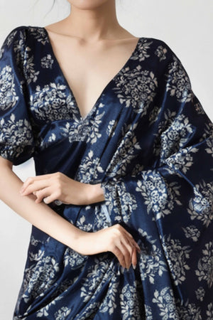 Navy Blue Floral Digital Printed With Lace Border Pallu Chinon Ready To Wear Saree