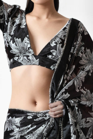 Black Floral Digital Printed With Lace Border Pallu Chinon Ready To Wear Saree