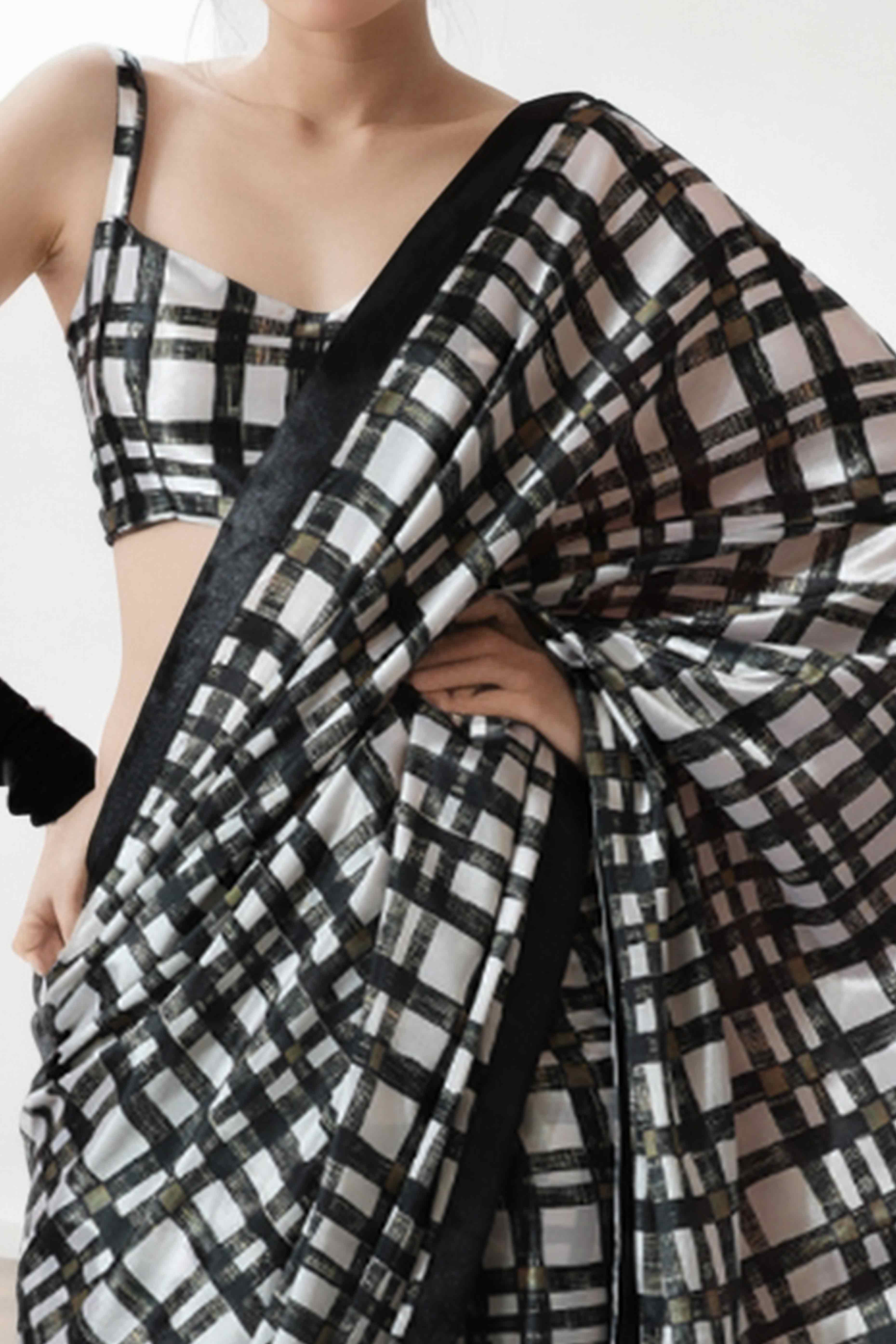 Black & White Checked Digital Printed With Lace Border Pallu Chinon Ready To Wear Saree