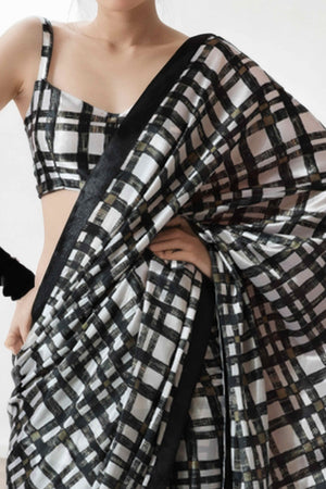 Black & White Checked Digital Printed With Lace Border Pallu Chinon Ready To Wear Saree